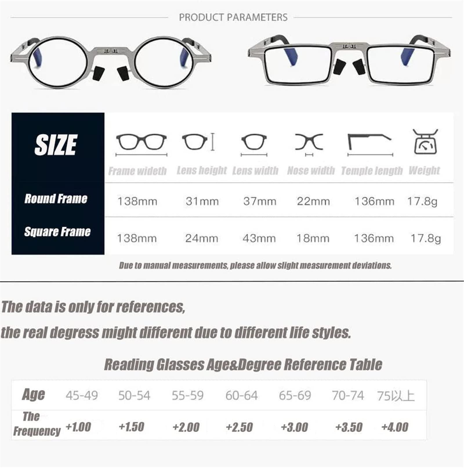 Assote Assote Ultra Light Titanium Material Screwless Foldable Reading Glasses, Anti-Blue Light Folding Reading Glasses (2pcs Round,+2.5)
