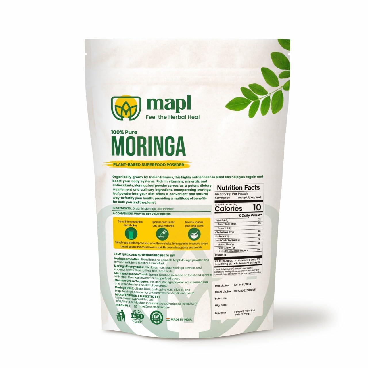 MAPL MAPL Pure Moringa Oleifera Powder | 100% Natural Ayurvedic Plant Based Dried Drumstick Tree Leaves | Raw & Natural, Rich in Nutrients, Blended for Skin & Hair Natural Ingredients | 200 Gram (7 Ounces)