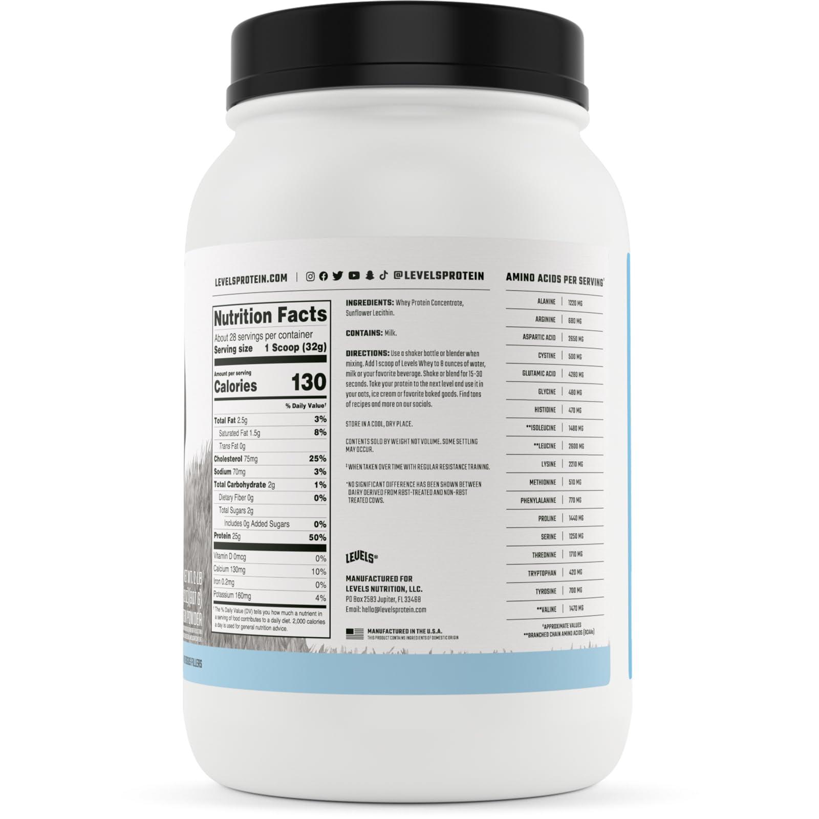 Levels Nutrition Levels Grass Fed Whey Protein, No Artificials, 25G of Protein, Unflavored, 2LB
