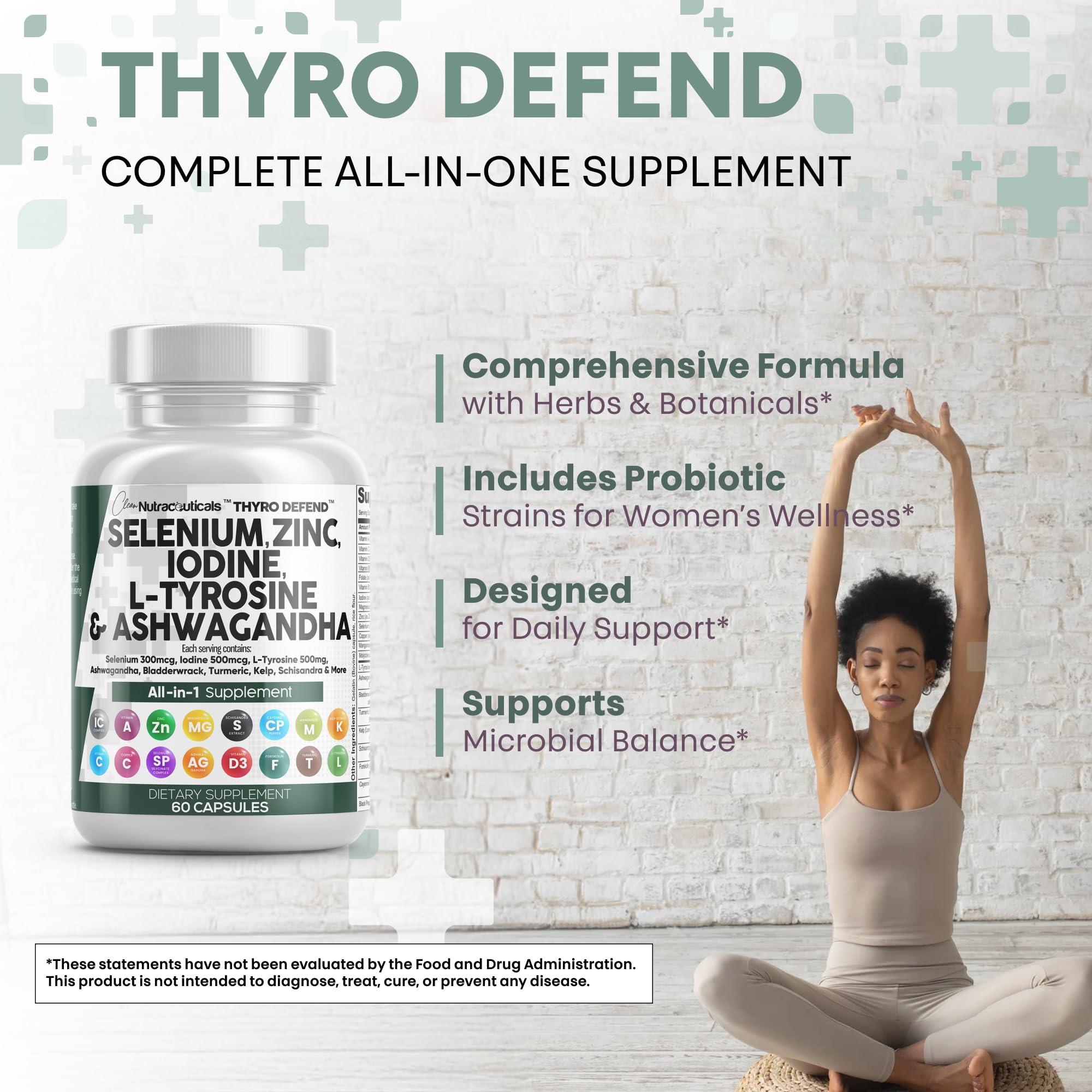 Clean Nutraceuticals Clean Nutra Selenium 300mcg Iodine 500mcg Thyroid Support for Women & Men | L Tyrosine 500mg Ashwagandha Supplement Bladderwrack, Turmeric, Kelp, Schisandra Zinc Pills Capsule Supplements