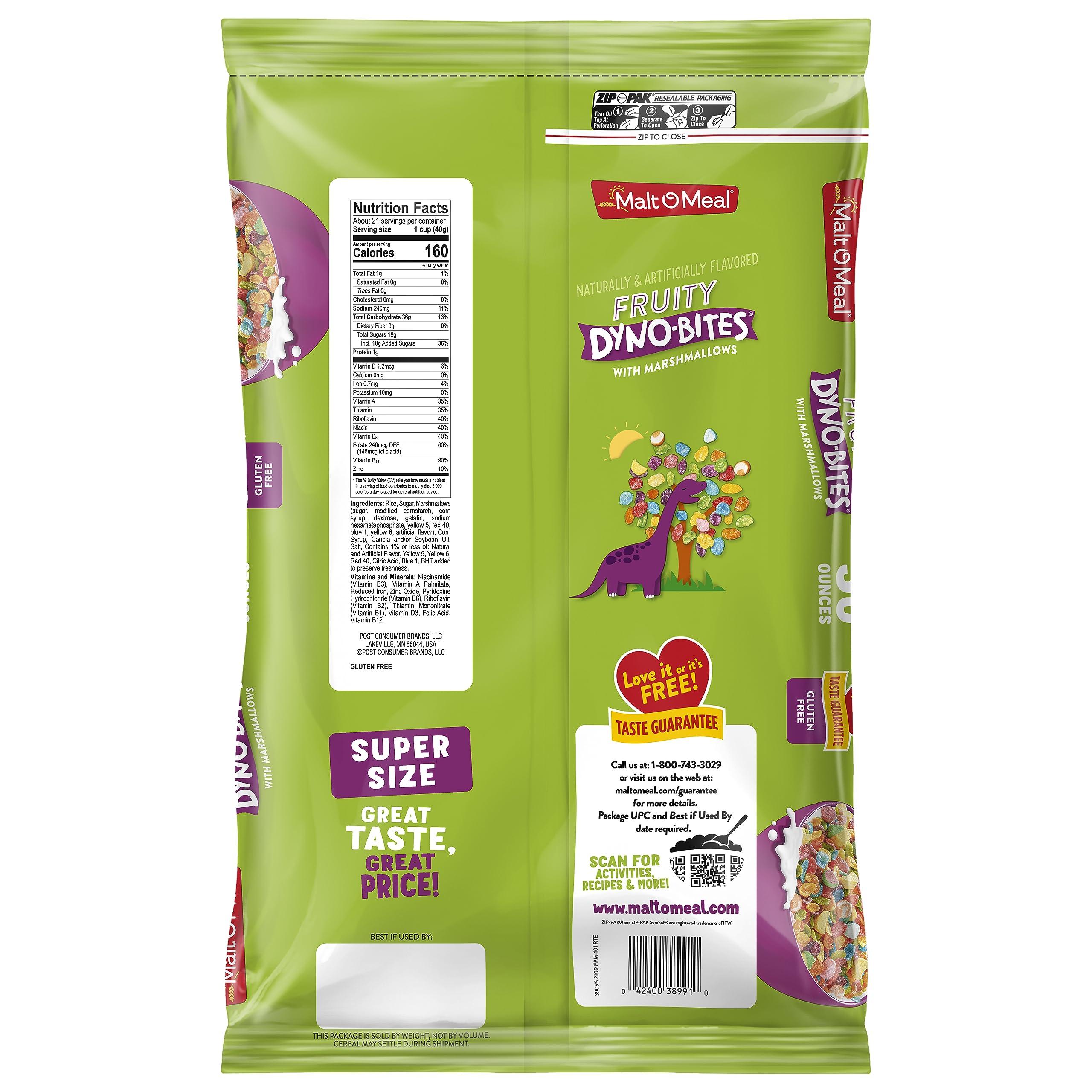 Malt-O-Meal Malt-O-Meal Fruity Dyno Bites Cereal with Marshmallows, Gluten Free Breakfast Cereal, Marshmallow Cereal with Fun Fruity Flavor, 30 OZ Resealable Cereal Bag