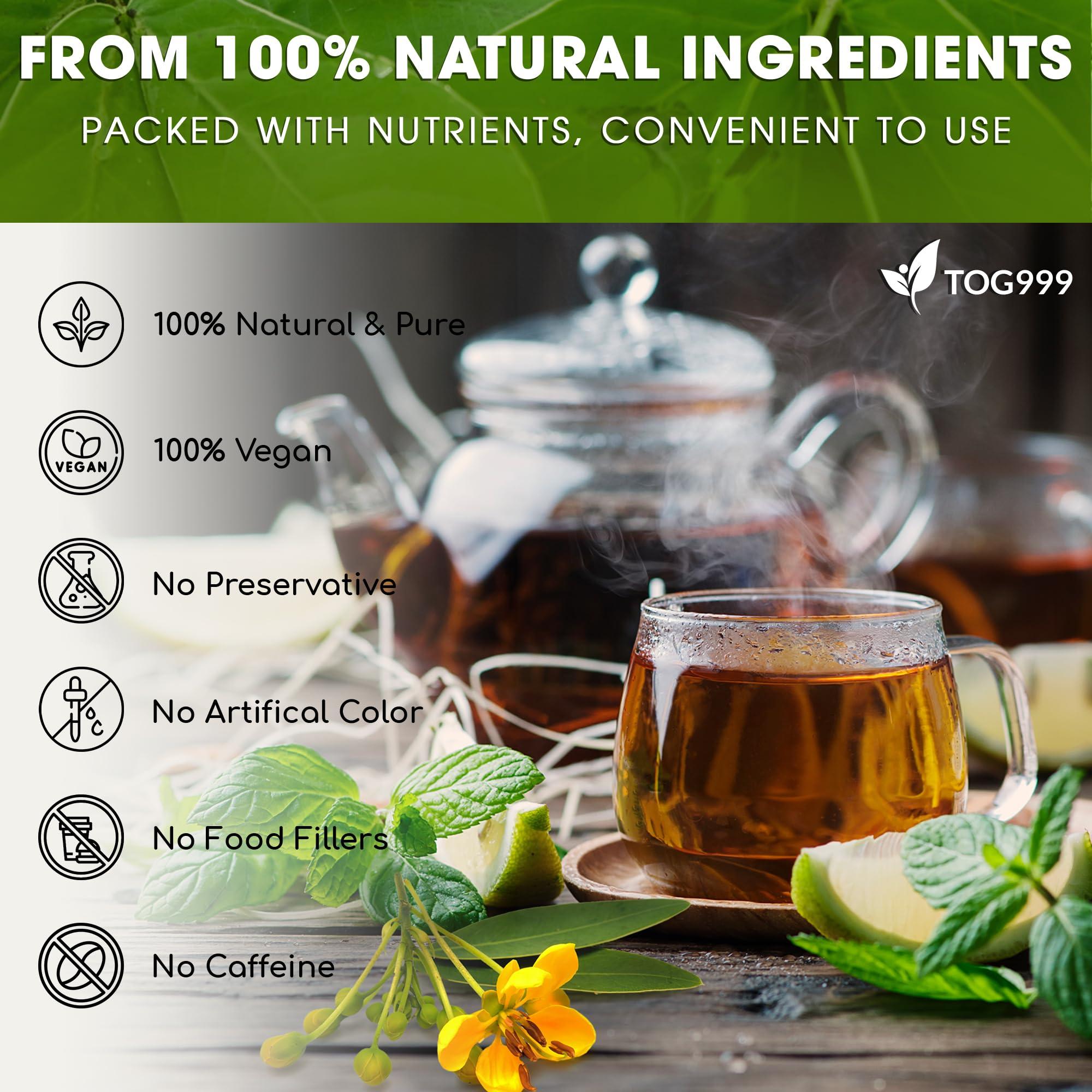 TOG999 100 Tea Bags Relieves Constipation Natural Tea, Blend of Senna Leaves - Peppermint - Licorice - Fennel, 100% Natural Ingrendients, Hand-made Herbal Tea, No Sugar, No Caffeine, No Gluten, Vegan.