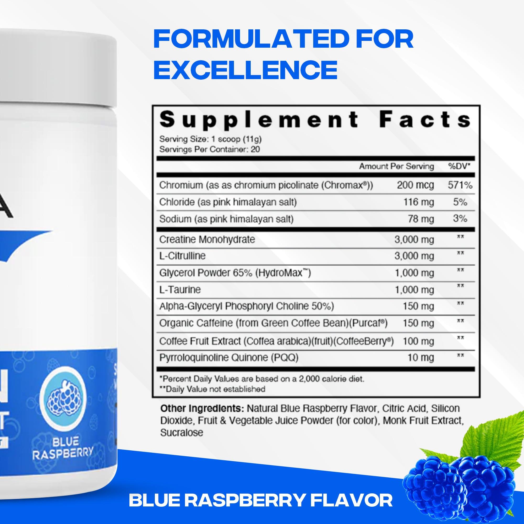 XEELA XEELA Pre Workout Powder - Clean & Tested - Jitter Free, Safe, and Natural - Increase Thermogenic Energy, Focus, and Endurance w/Creatine, Organic Caffeine, and Plant Based Citrulline (Blue Raspberry)