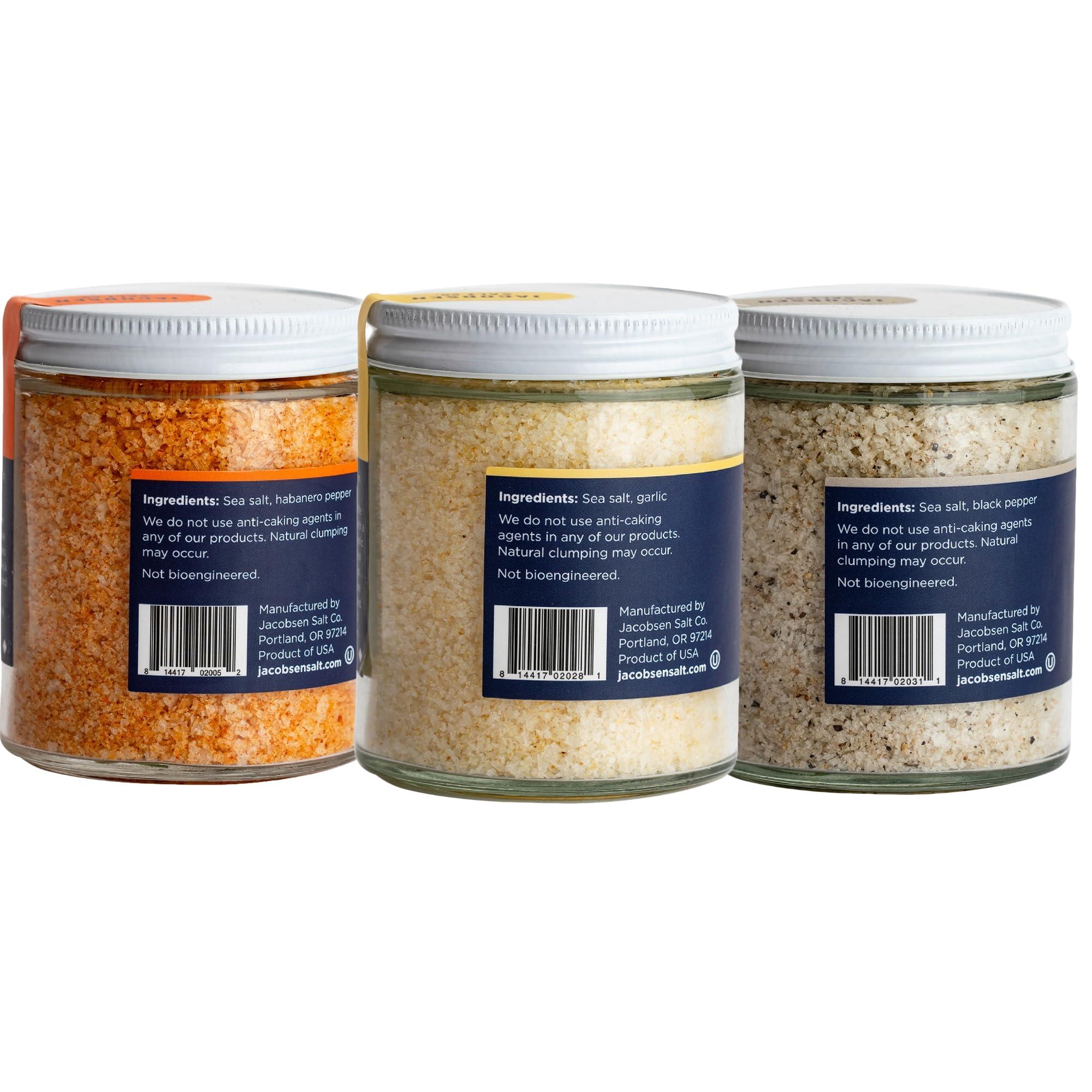 Jacobsen Salt Co. Jacobsen Salt Co. Salt Variety Pack - Kosher Sea Salt, Non-Ionized, Made in USA, Non-GMO, Steak Seasoning - Black Pepper Salt, Garlic Salt & Habanero Salt (Pack of 3)