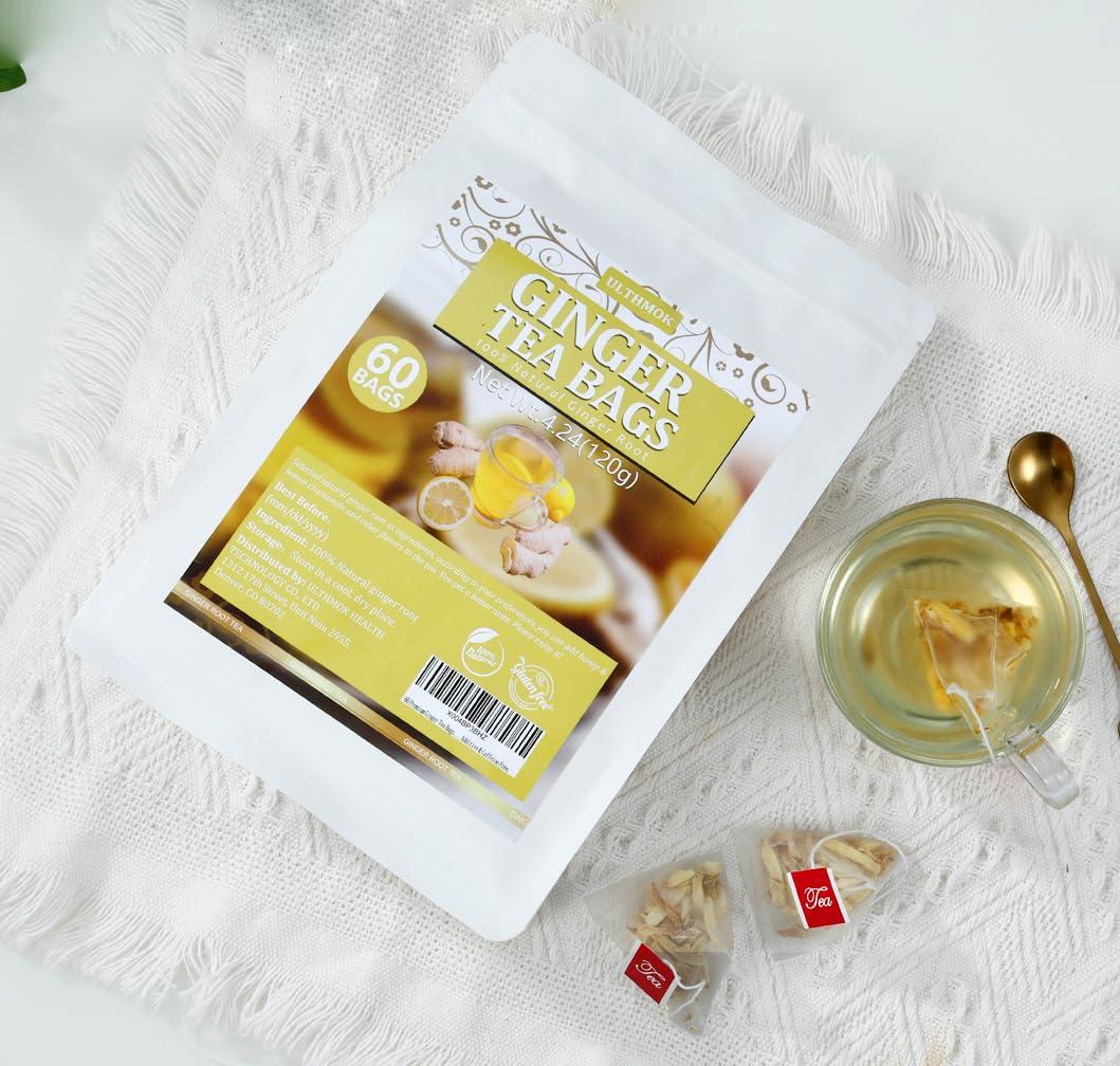 ULTHMOK 60 Premium Ginger Tea Bags, Made with 100% Natural Ginger Root, Warm & Spicy, Support Digestion & Boost Immunity, No Additives & Caffeine Free.