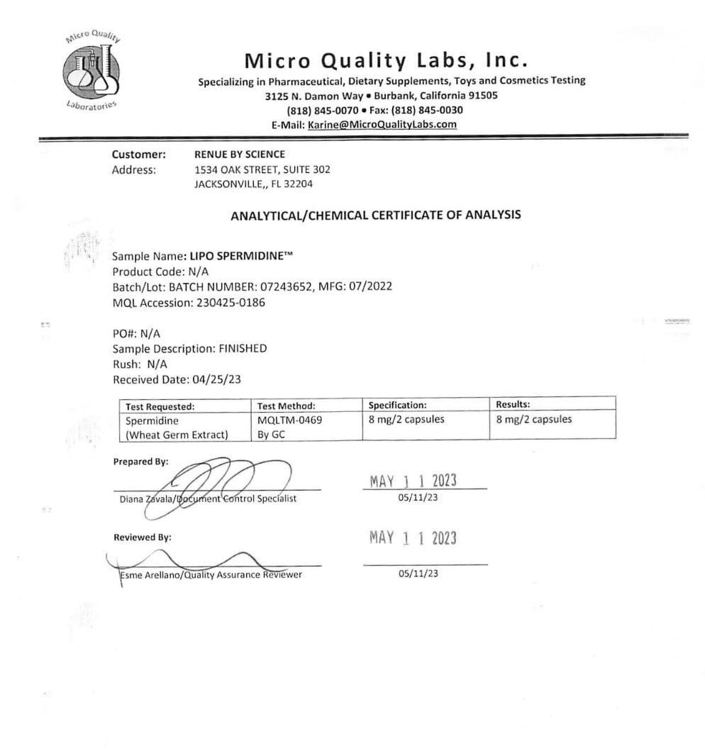 Renue By Science Renue By Science Spermidine Supplements | Liposomal Spermidine Supplements for Women and Men | 90 Capsules - 8mg Spermidine per Serving | Non-GMO & Allergen Free | Made in The USA Third-Party Tested