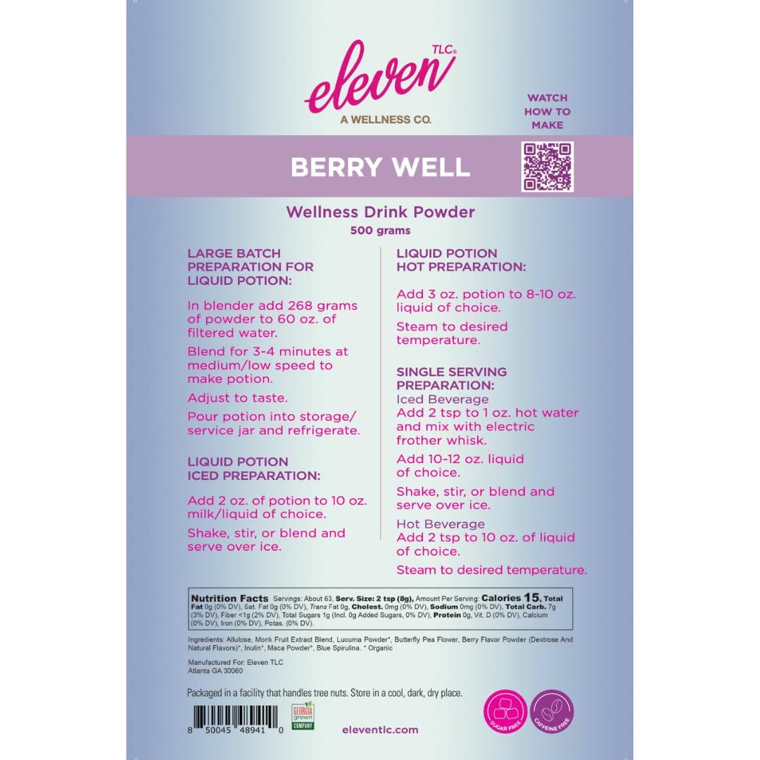 ELEVEN TLC A WELLNESS CO. Eleven TLC, Berry Well Superfood Wellness Drink Latte + Mix, Caffeine-Free, or Herbal Tea, Blue Spirulina, Blue Butterfly Pea Flower, Organic Maca, Keto Friendly, Vegan, 63 Servings