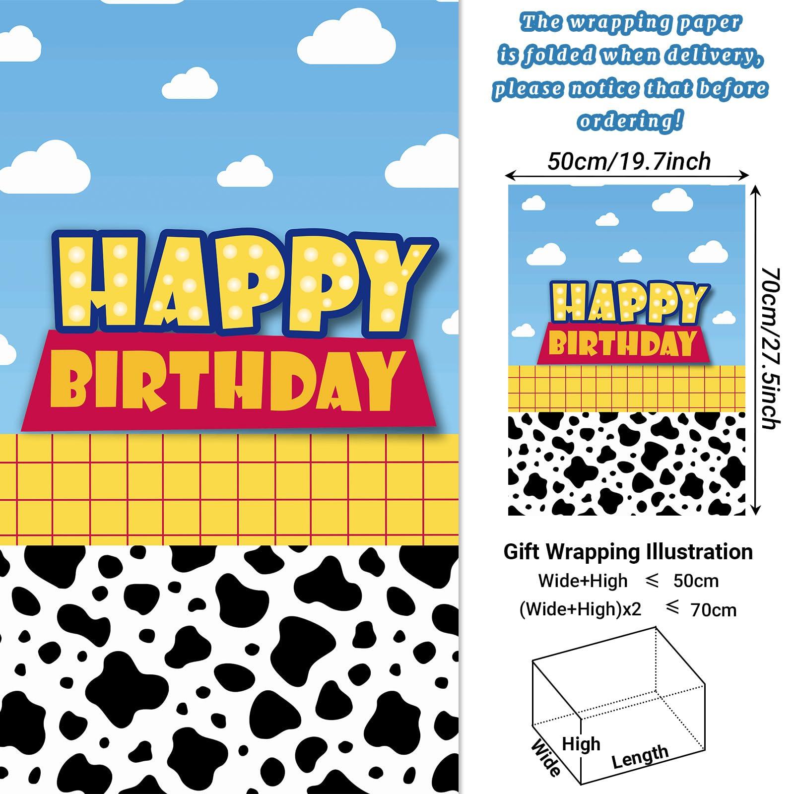 Bolsome Bolsome 12 Sheets Cartoon Story Birthday Wrapping Paper Blue Sky White Clouds Cow Printed Gift Wrap Paper for Kids for Baby Shower Cartoon Themed Party DIY Craft, 19.7 27.5 Inches, Folded Flat
