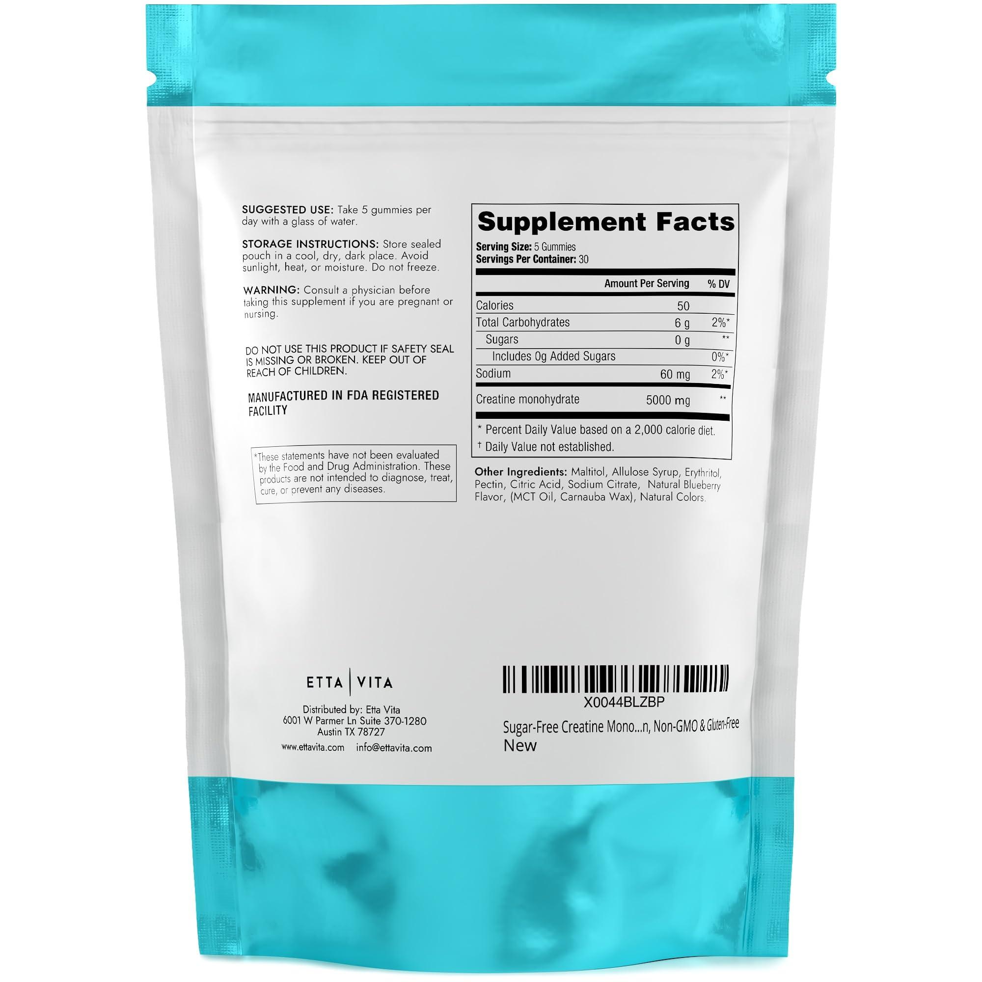 Etta Vita Sugar-Free Creatine Monohydrate Gummies (1g/Gummy) Potent Creatine Gummies for Men & Women, Creatine Supplement for Muscle Support, Cellular Energy, Cognitive Function - Non-GMO, Gluten-Free, Vegan