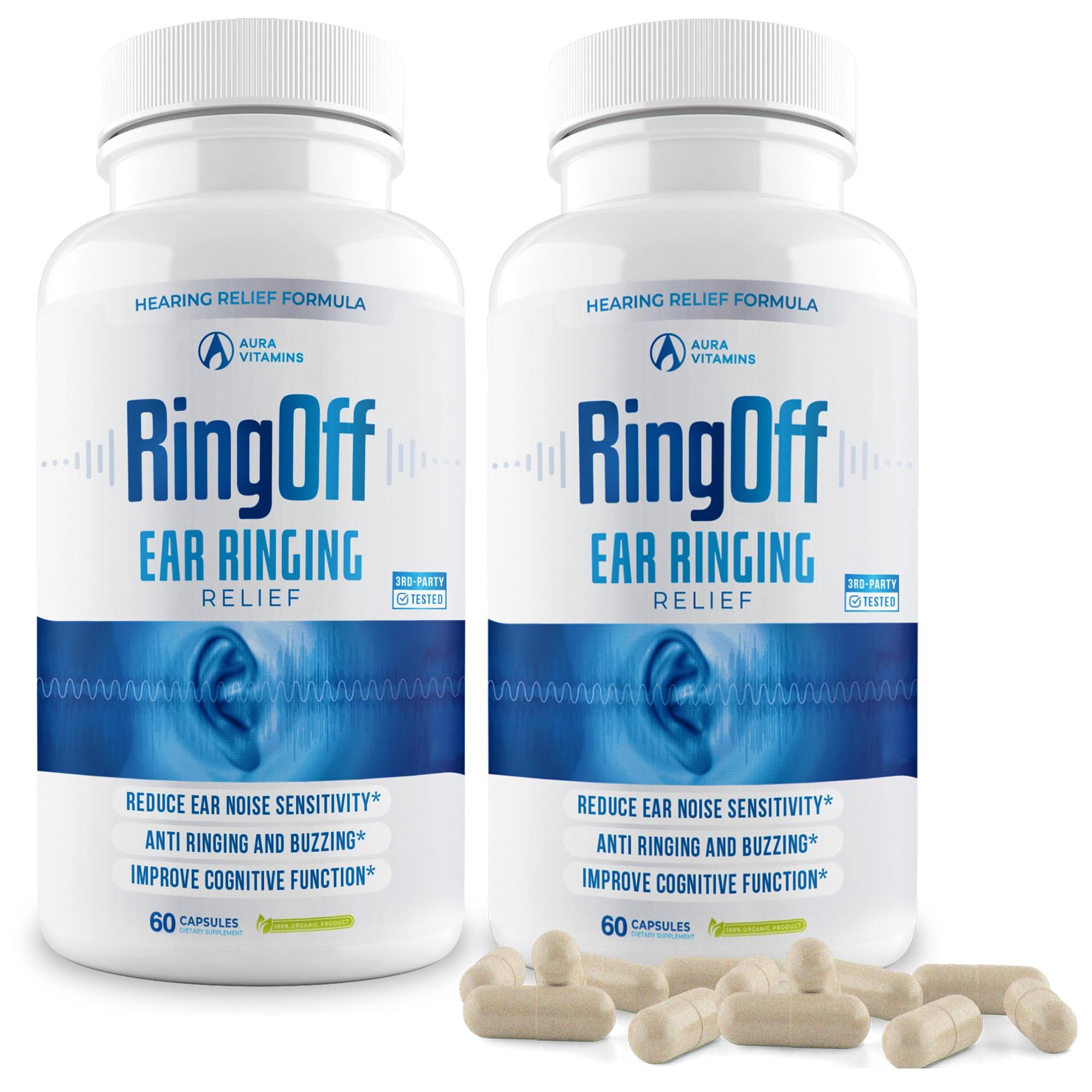 AURA VITAMINS Ring Off (120 Caps) Tinnitus Relief for Ringing Ears, Clear Tinnitus Quieting Ear Ringing Relief & Restoring Inner Peace, Ginkgo Biloba, Zinc Picolinate & More Effective Hearing Health Support