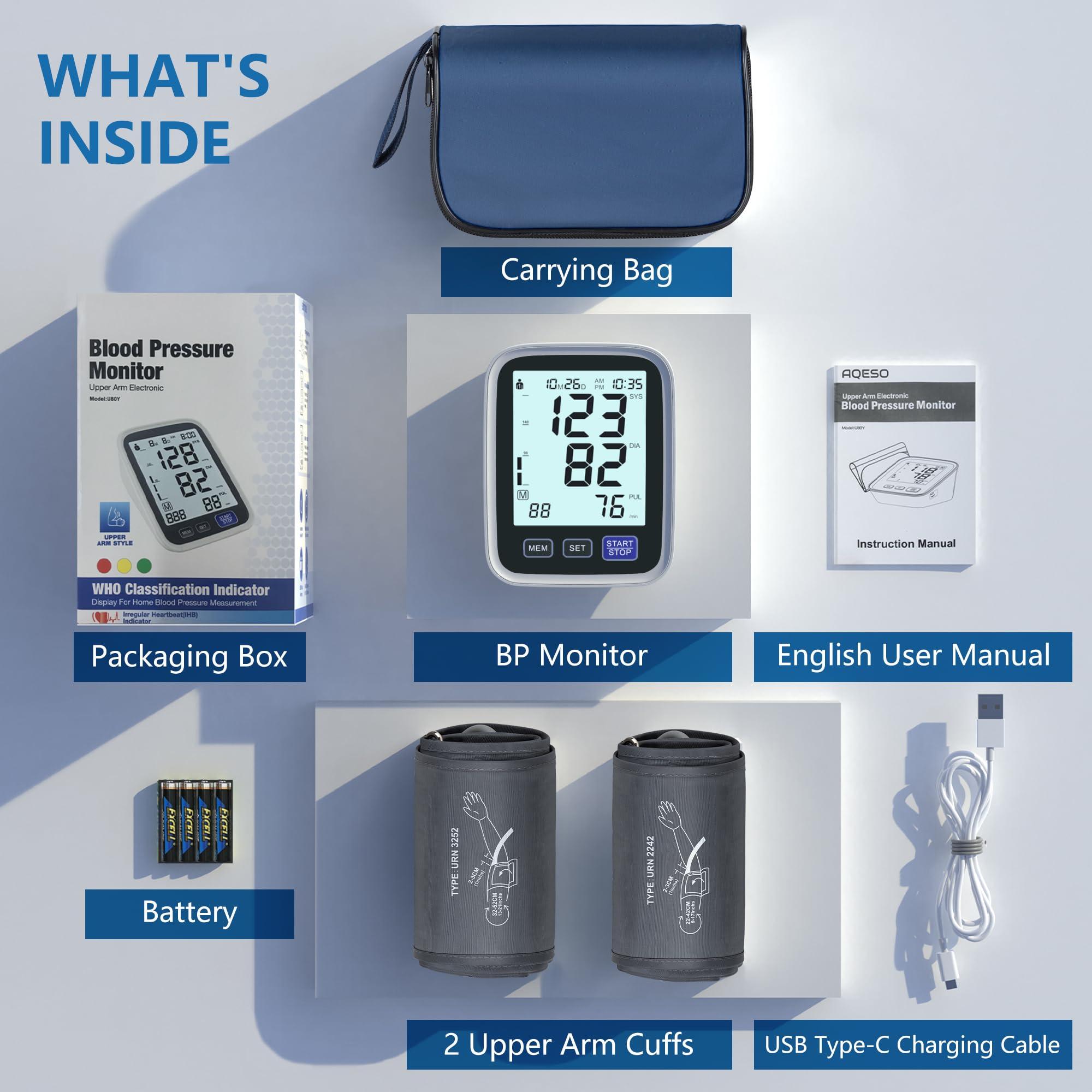 AQESO Blood Pressure Machine Upper Arm, 2 Size Cuffs M/L and XL, Medium/Large 9\"-17\" and Extra Large Cuff 13\"-21\", Accurate Automatic Digital BP Cuff Home Use, Large Backlit LCD, BP Monitor Dual-User Mode