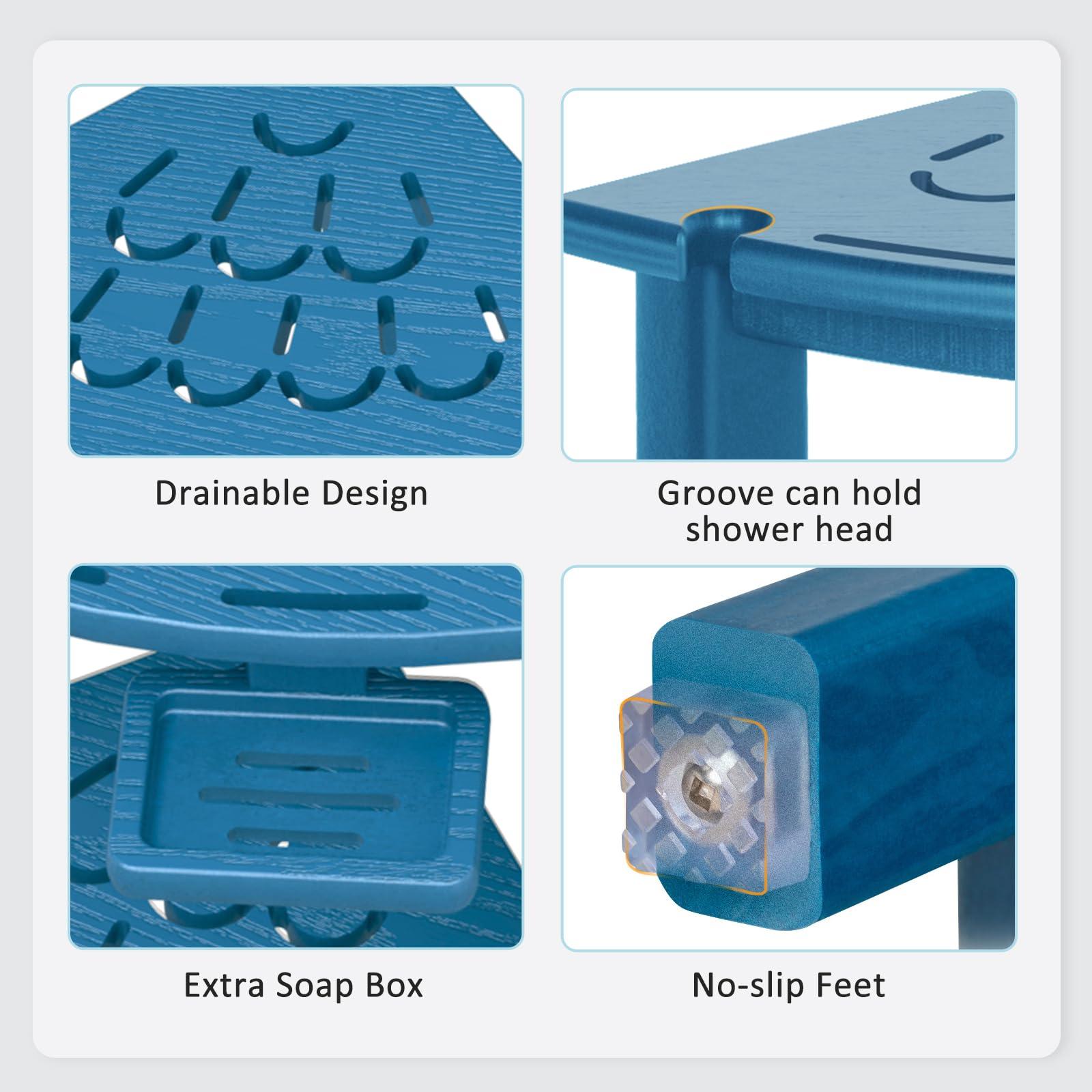 nalone nalone Corner Shower Stool, HDPE Shower Bench for Inside Shower, Small Shower Chair Seat for Shaving Legs with Storage Shelf, Soap Box and No-Slip Feet (Navy Blue)