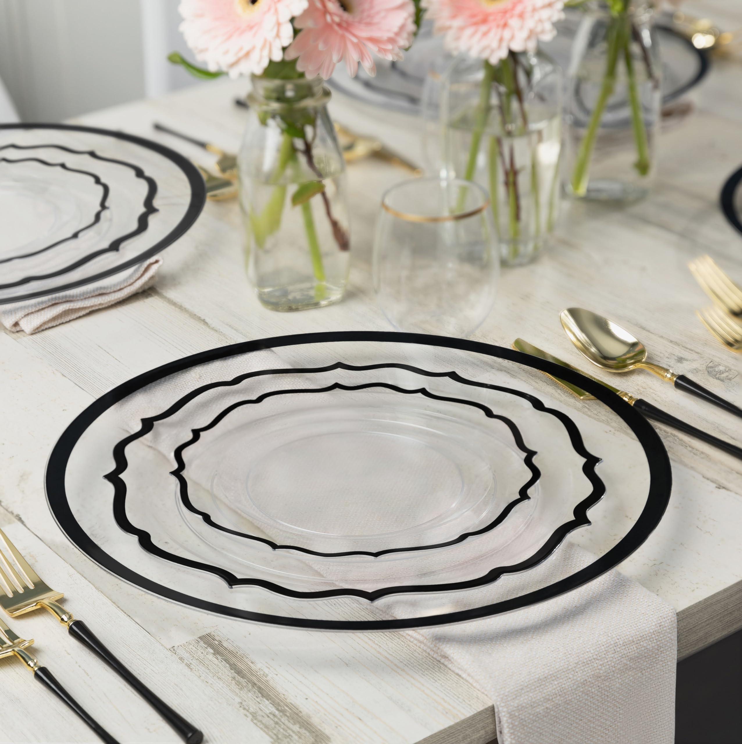 PLASTICPRO PLASTICPRO 32 Pack Elegant Disposable Plastic Plates Combo Set Includes 16 Dinner Plates and 16 Salad Plates Heavy Duty Fancy Party Plates Clear & Black Contemporary Design