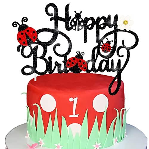 iPartyFun Ladybug Happy Birthday Cake Topper Little Ladybug Party Decoration Ladybug Daisy Cake Topper for Ladybug Theme Birthday Party Baby Shower Supplies