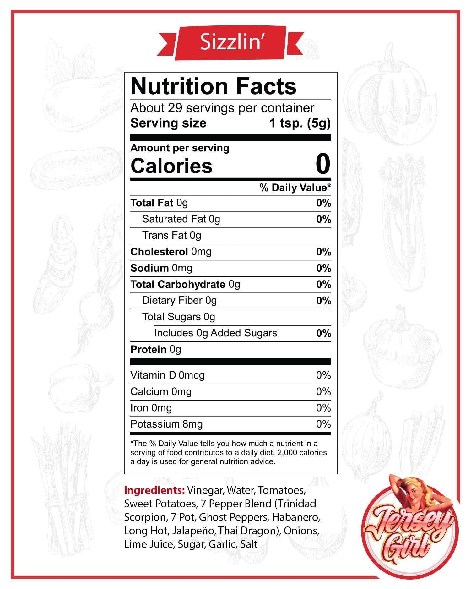 Jersey Girl Hot Sauce Co Jersey Girl Sizzlin' Sodium/Salt Free Hot Sauce - Made with Scorpion & Ghost Pepper 5oz (Spicy) All Natural Ingredients