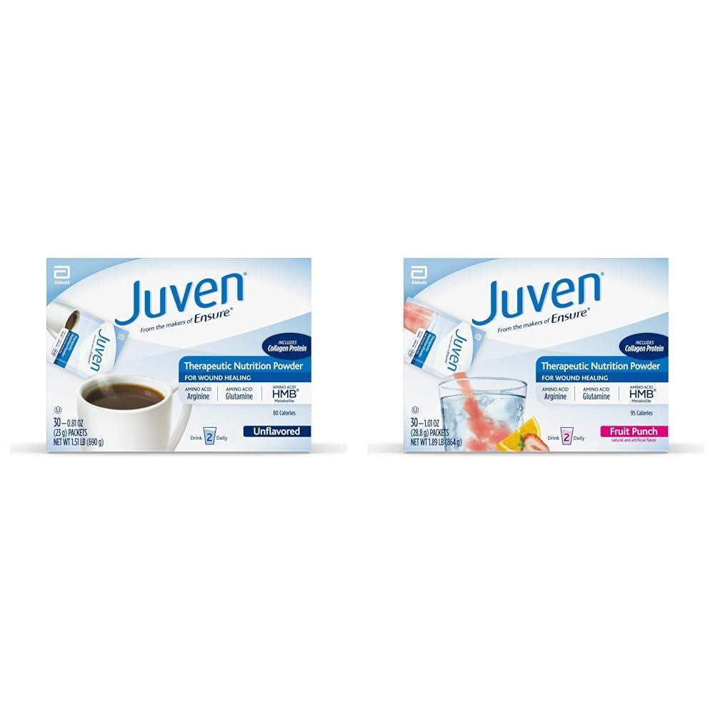Juven Juven Therapeutic Nutrition Drink Mix Powder for Wound Healing, includes Collagen Protein, Unflavored 30 Count and Fruit Punch 30 Count