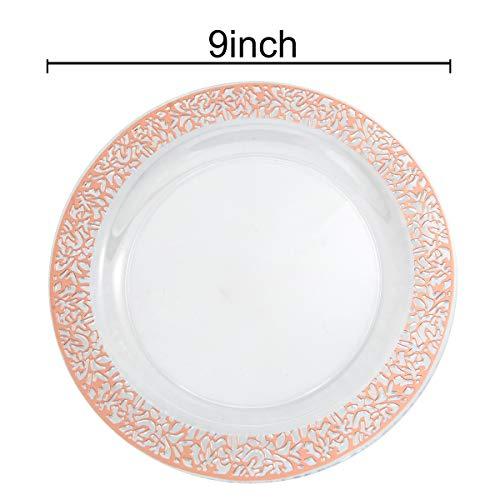 I00000 I00000 102 Pieces Rose Gold Plastic Lunch Plates, 9” Clear Disposable Dinner Plates with Rose Gold Lace Rim, Ideal for Big Parties or Wedding for Wedding & Party