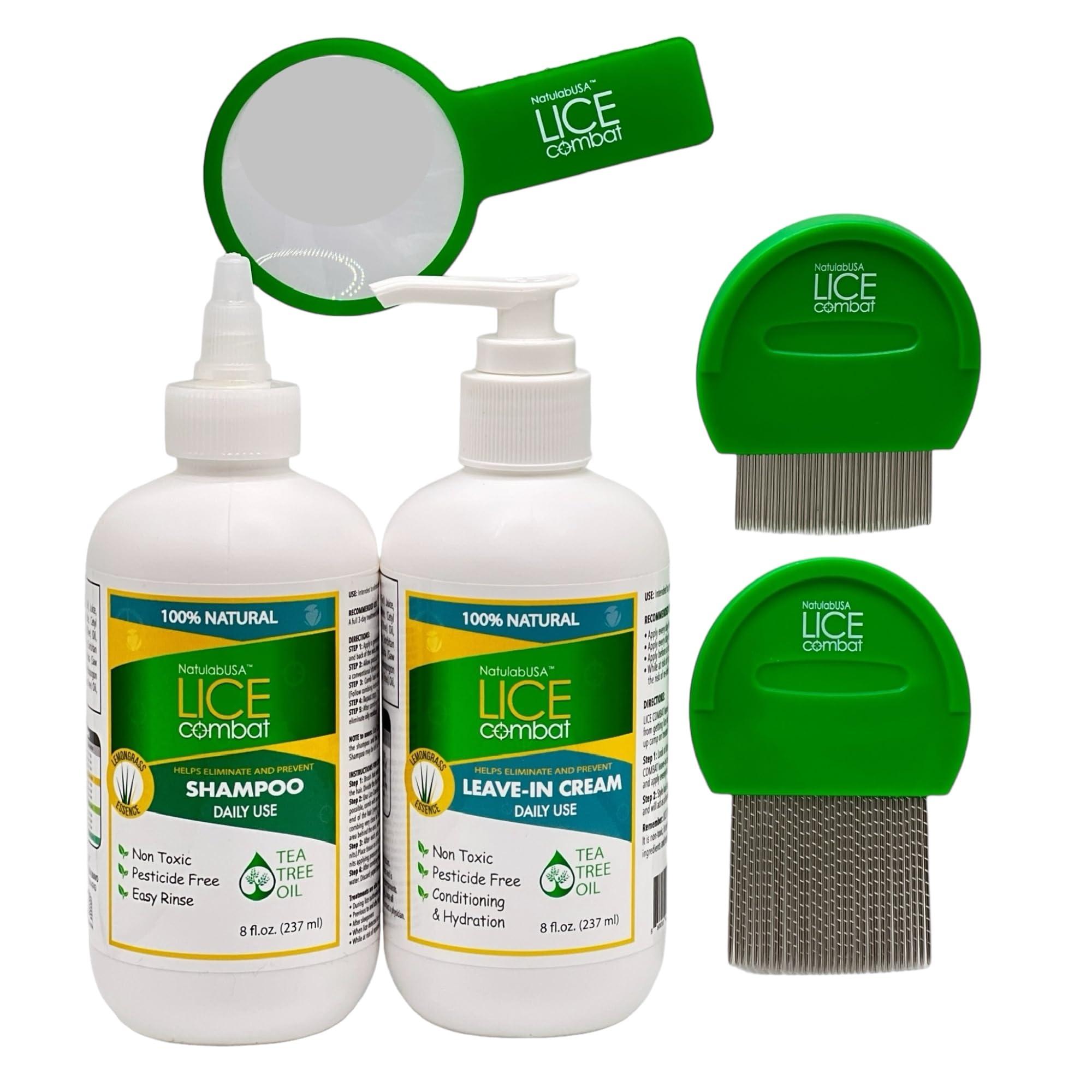 NatulabUSA NatulabUSA Lice Combat Treatment Kit | Shampoo, Leave-in Cream, Two Combs and Magnifying Glass | Manages Lice, Super Lice & Nits | Repels & Prevents | Pesticide Free | 100% Natural Essential Oils