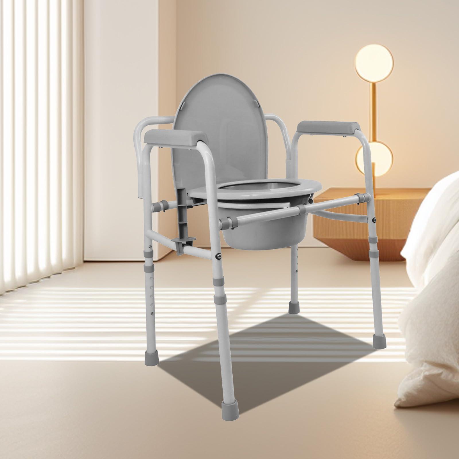 JumboTIGER 3-in-1 Steel Adjustable Bedside Commode,Portable Toilet for Adults 8 Quart,300 lb Weight Capacity Portable Potty,Toilet Seat with Safety Frame, Easy Cleaning, Tool-Free Assembly, Padded Arms,Gray