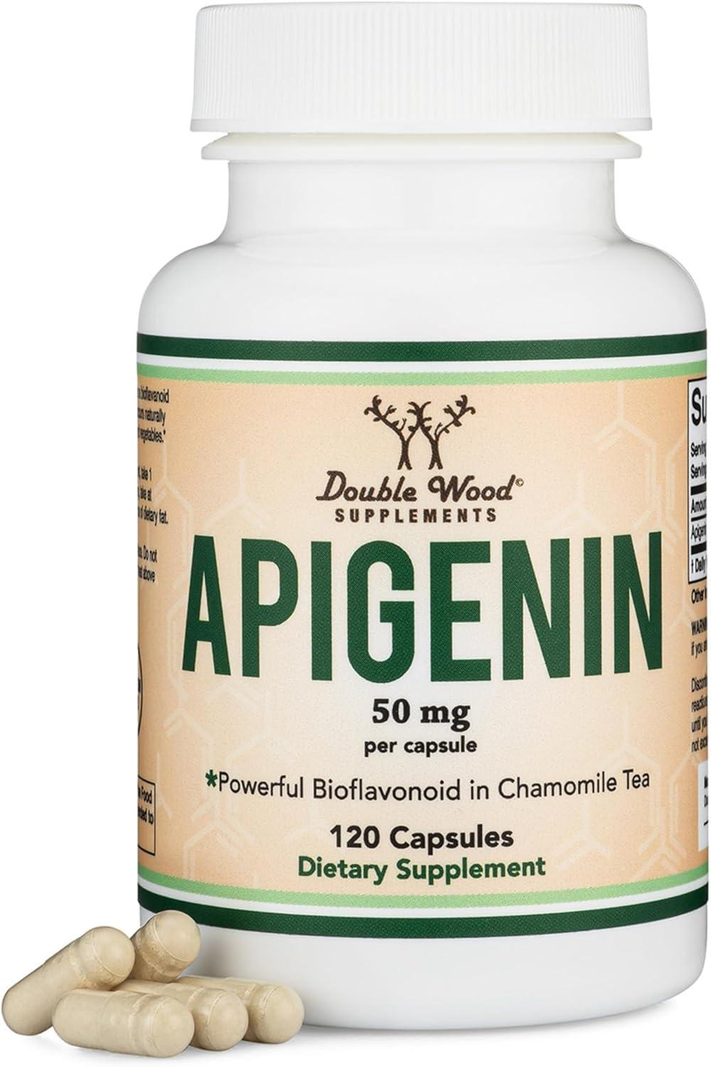 Double Wood Supplements Apigenin Supplement - 50mg per Capsule, 120 Count (Powerful Bioflavonoid Found in Chamomile Tea for Relaxation, Sleep, and Mood) Senolytic Flavonols for Aging (Gluten Free) by Double Wood