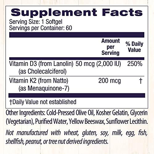 Healthy Origins Healthy Origins Vitamin D3 & K2 - Vitamin D3, 50 mcg - Vitamin K2, 200 mcg - Easily Absorbable Vitamin D & Vitamin K Supplements - Non-GMO & Gluten-Free Supplements - 60 Softgels