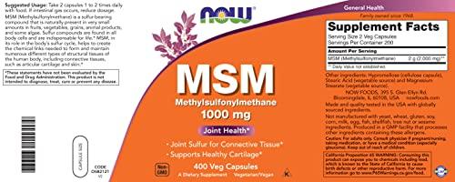 NOW NOW MSM 1000mg, 400 Veg Capsules (Pack of 2) Methyl-Sulphonyl-Methane, Made in USA, Sulfur Supplement, Joint Health, Non-GMO, Vegan/Vegetarian Friendly