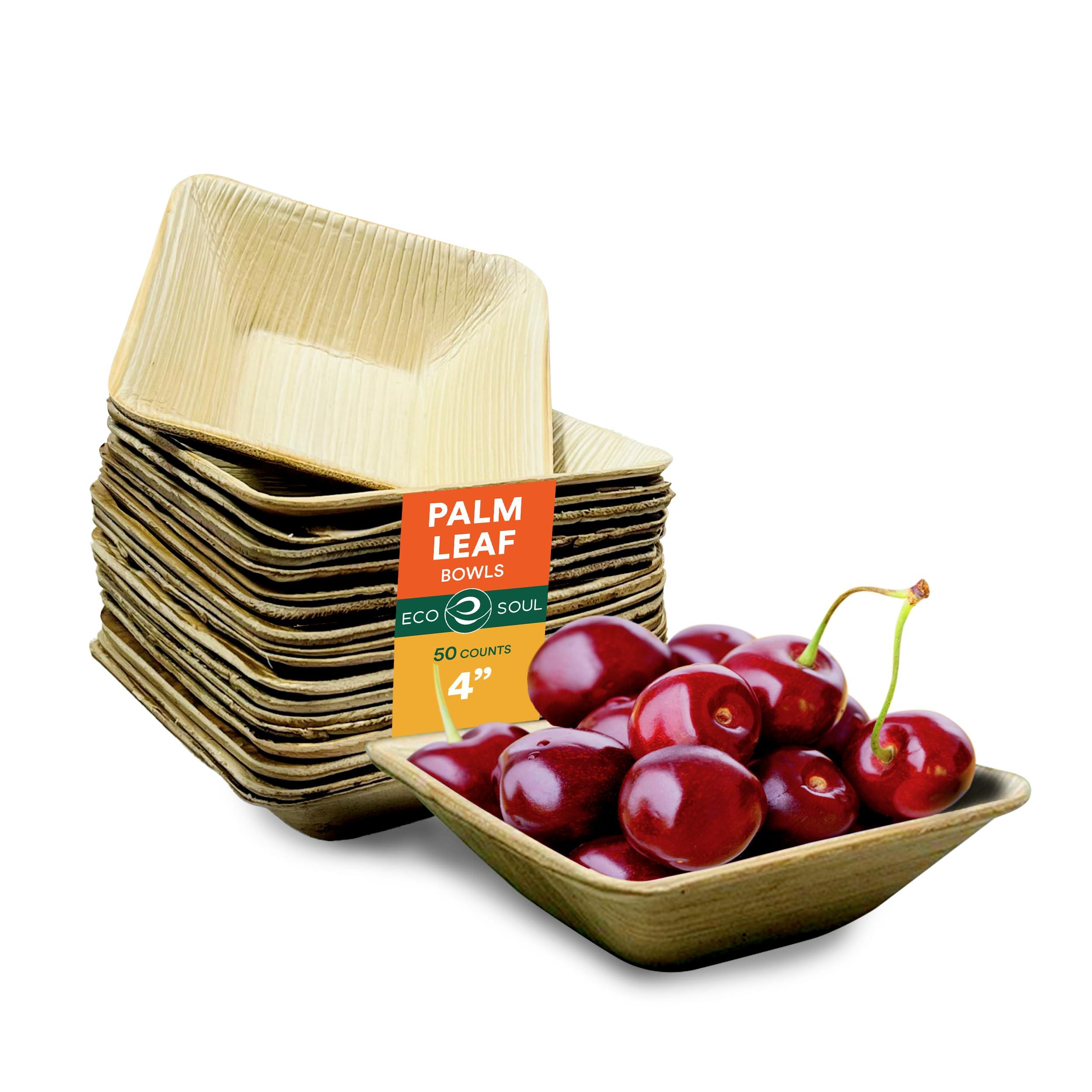 ECO SOUL ECO SOUL 100% Compostable Mini Palm Leaf Bowls 4 Inch 5 Oz Disposable Square Bamboo Bowls [50-Pack] Dessert Bowls Bamboo Style I Heavy Duty Eco-Friendly Sturdy Palm Bowl I Biodegradable Eco Bowls