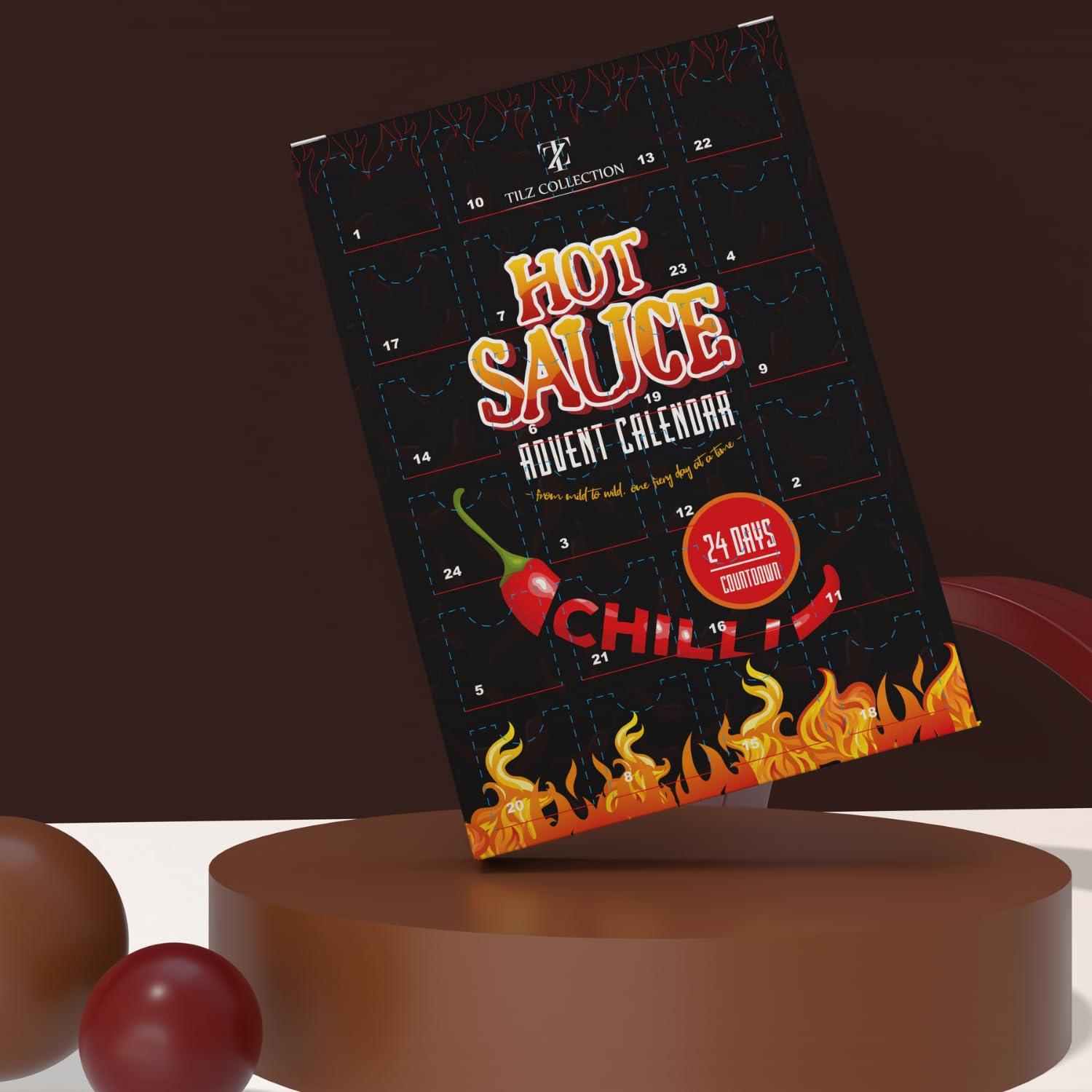 TILZ COLLECTION Hot Sauce Advent Calendar 2024-24 Days Chilli Sauce Advent Calendar, Food Advent Calendar 2024 Men, Hot Sauce Set, Non-chocolate Advent Calendar Women, Chilli Challenge Hot Sauce (Black)