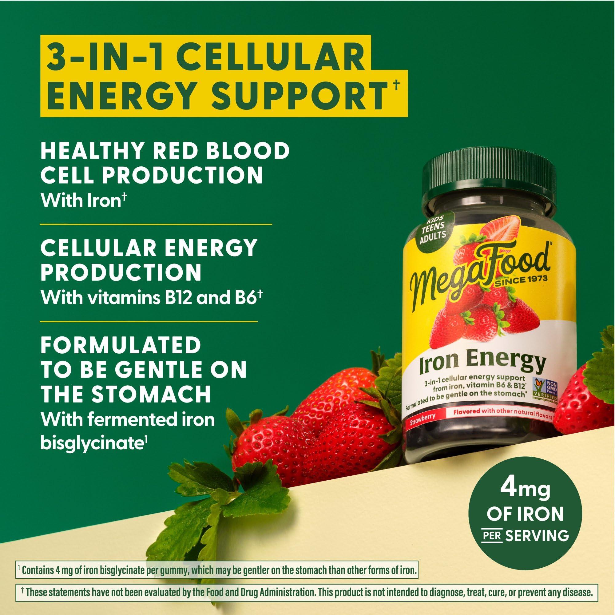 MegaFood MegaFood Iron Energy Gummies - Vegan & Gluten-Free Iron Supplement for Women, Men, Teens & Kids with Vitamin B12 & B6, from The Makers of Blood Builder Iron Supplement, Strawberry Flavor - 60 Gummies