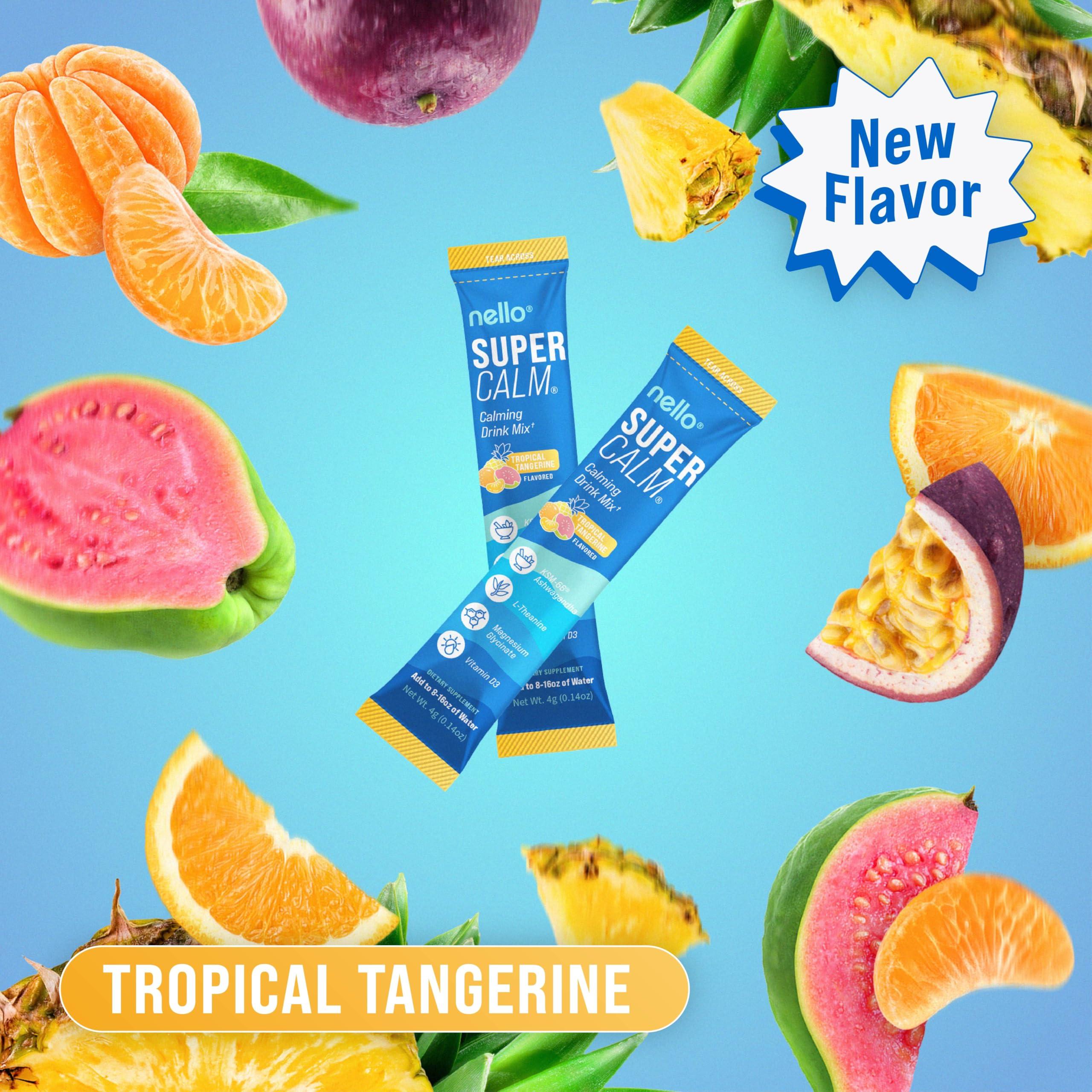 Nello Nello Supercalm Powdered Drink Mix, Tropical Tangerine, L Theanine, Ksm-66 Ashwagandha, Magnesium Glycinate, Vitamin D 3, Supplements for Relaxation & Focus, Natural, No Sugar, Non GMO, 20 Srvg