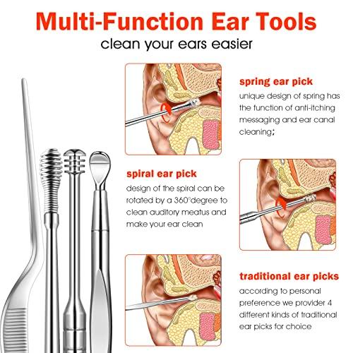 Ear Pick -01 Ear Pick Ear Wax Removal Kit, Ear Cleansing Set, Earwax Remover Tool, Ear Curette Ear Wax Remover Tools with a Cleaning Brush and Storage Box, Medical Grade, for Ear Adult and Kid, Silver, 10 Pcs