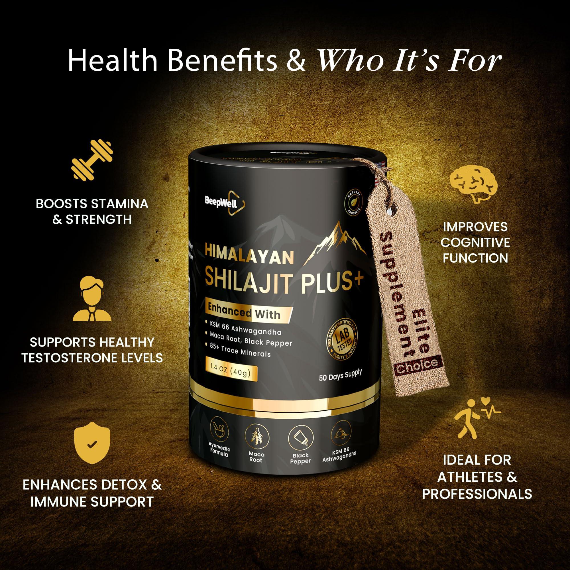 BeepWell BeepWell Shilajit Resin Himalayan Pure Natural Ashwagandha Maca Root Black Pepper Authentic Chilajil Men Women Gold Ayurvedic, 72% Fulvic Acid 85+ Trace Minerals, 50 Servings, 40 Grams