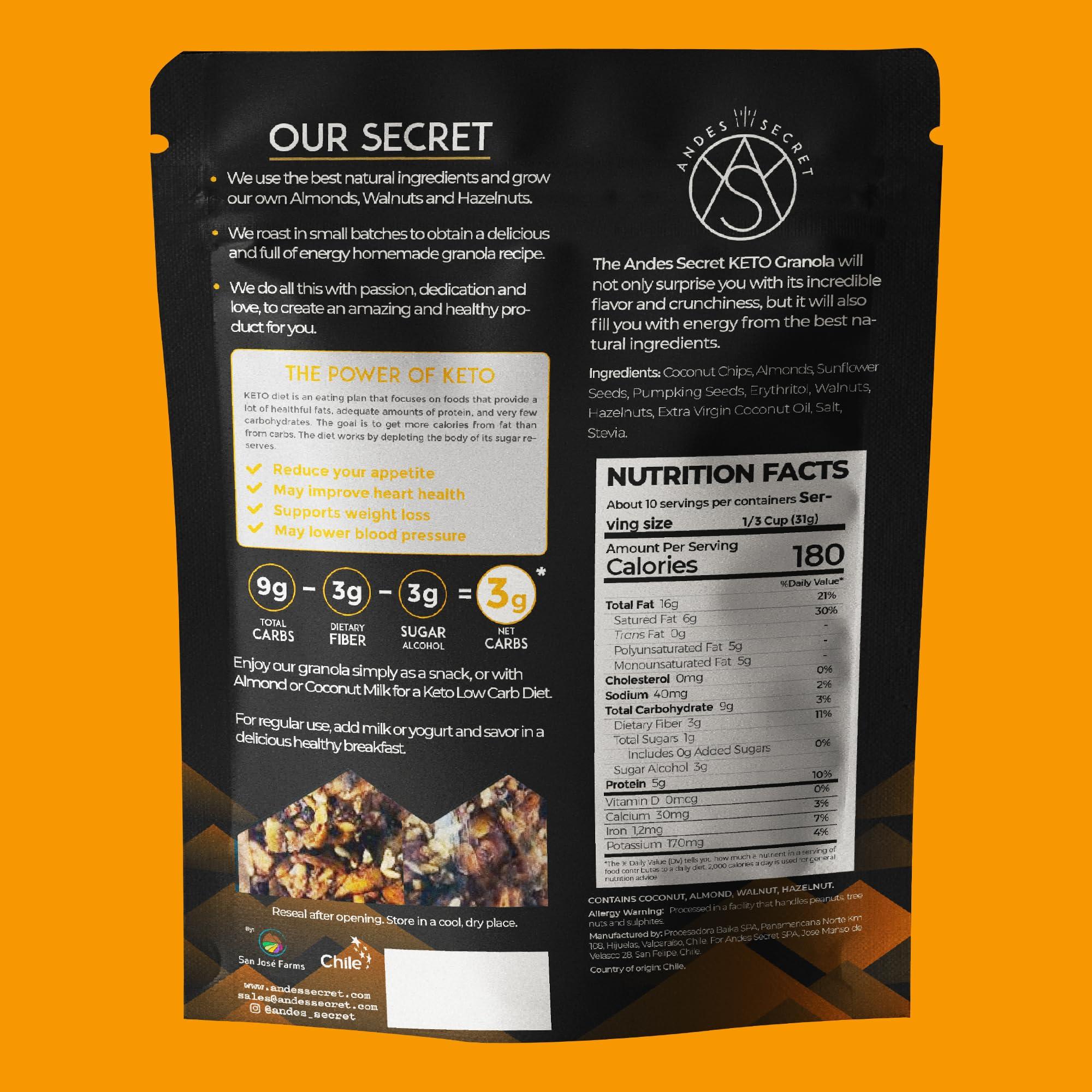 Andes Secret Andes Secret Original Low Calorie Granola - 11oz High Protein Cereal, Keto Low Carb Granola for Yogurt - Nut Mix Almonds, Walnuts, Hazelnuts - 3g Net Carbs, No Sugar Added, Grain & Gluten Free