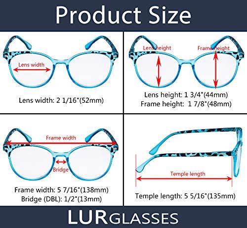LUR READING GLASSES 4 pack Ladies Stylish Round Readers Oversize Reading Eyeglasses for Women (Blue, 2.50)