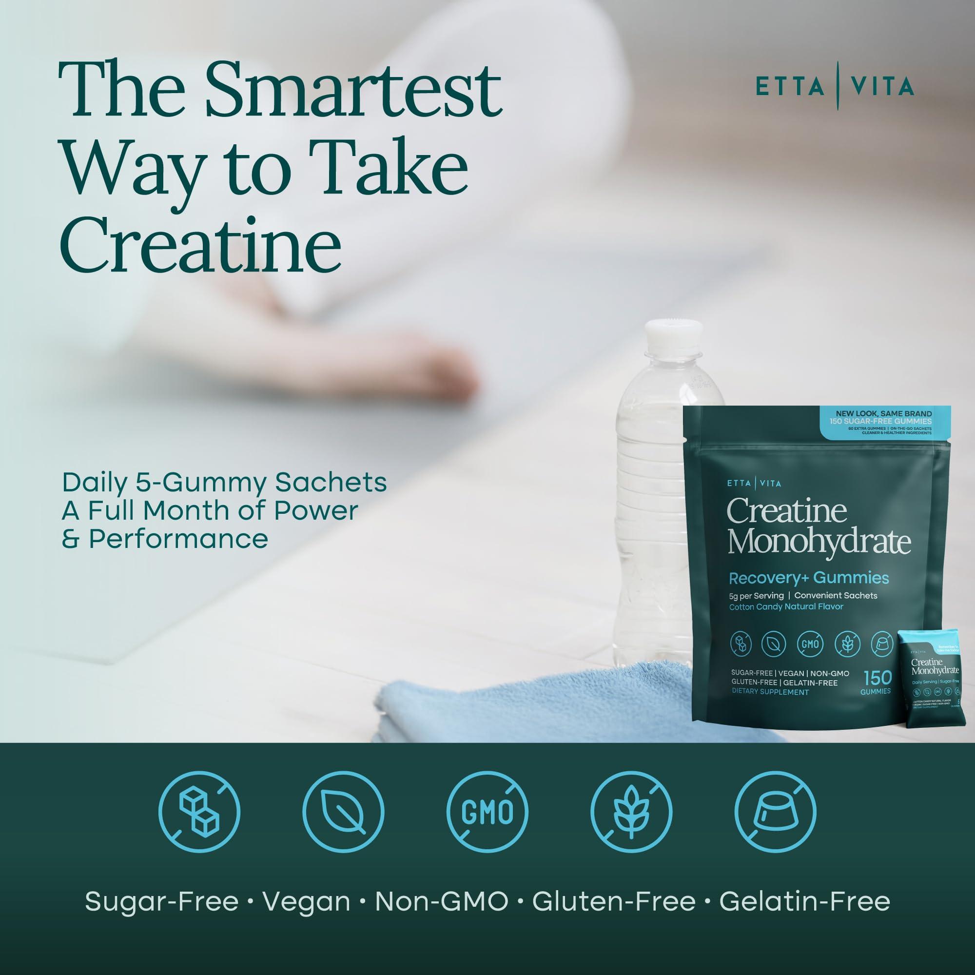 Etta Vita Sugar-Free Creatine Monohydrate Gummies (1g/Gummy) Potent Creatine Gummies for Men & Women, Creatine Supplement for Muscle Support, Cellular Energy, Cognitive Function - Non-GMO, Gluten-Free, Vegan