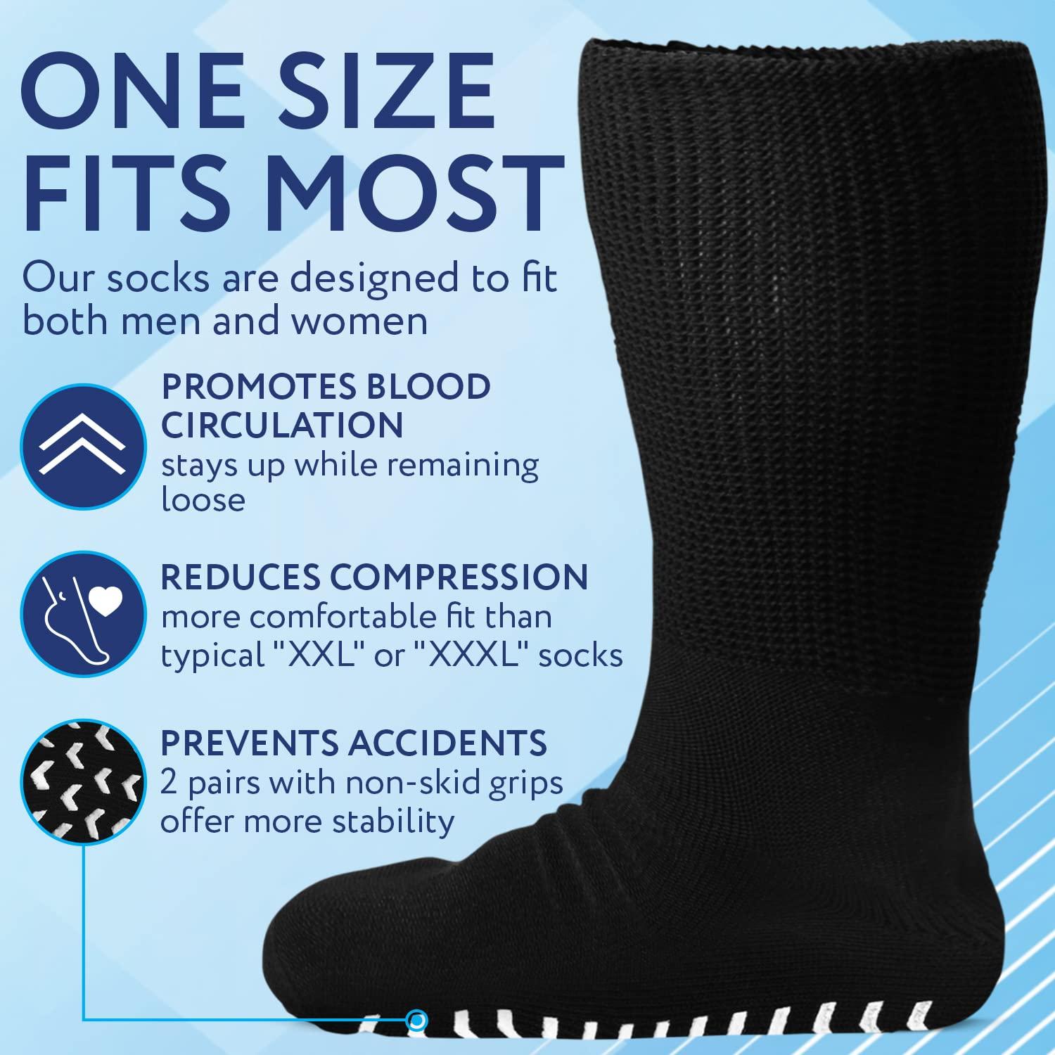 IMPRESA IMPRESA [4 Pairs Extra Width Socks for Lymphedema - Bariatric - Oversized Stretches up to 30\'\' Over Calf for Swollen Feet - One Size Unisex Black 2 Pairs Regular and 2 Pairs With Non Skid Grips