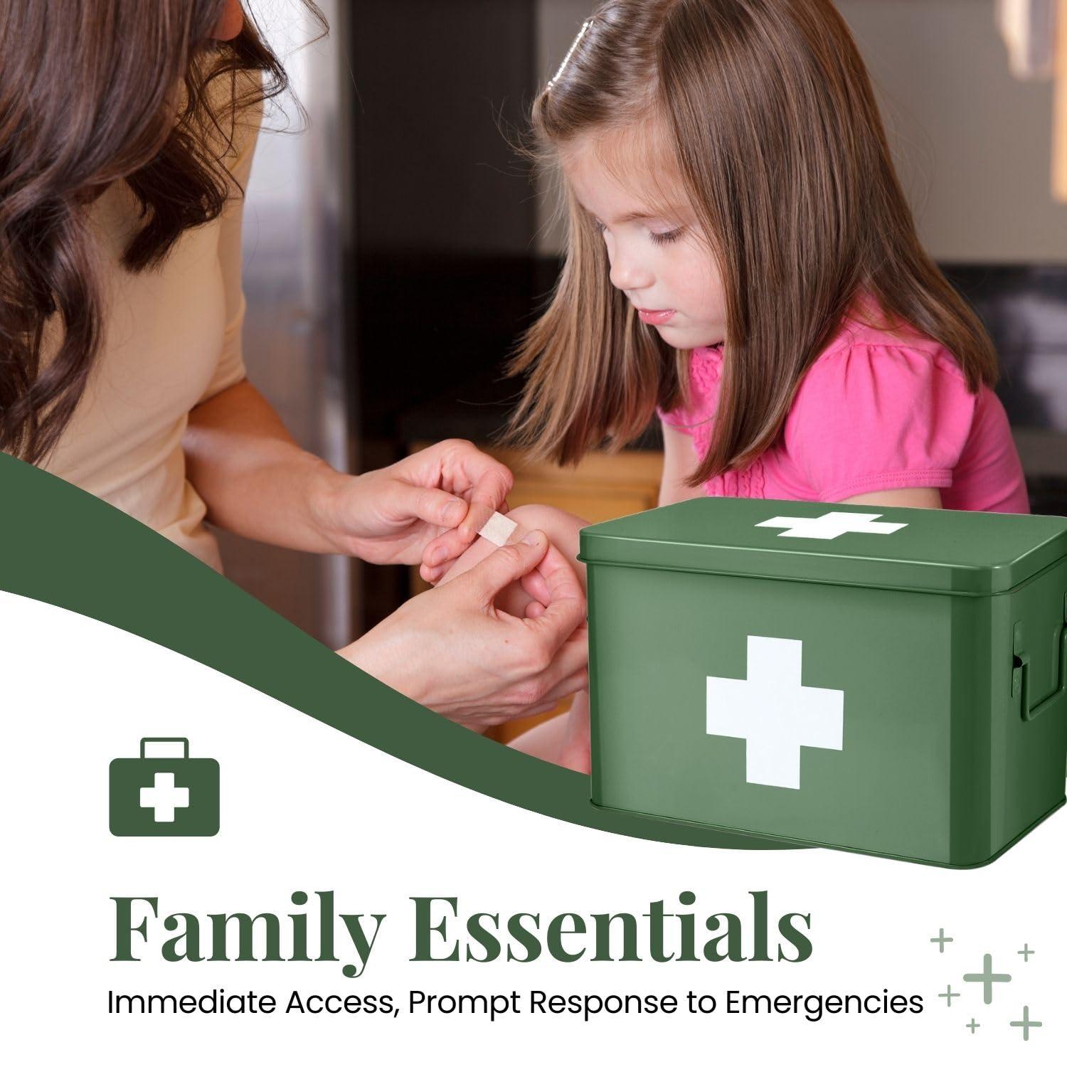 Flexzion Flexzion First Aid Box Organizer - Empty 13\" Green Vintage First Aid Kit Tin Metal Medical Box - First Aid Storage Box Container Bins with Dividers, Removable Tray and White Cross Logo