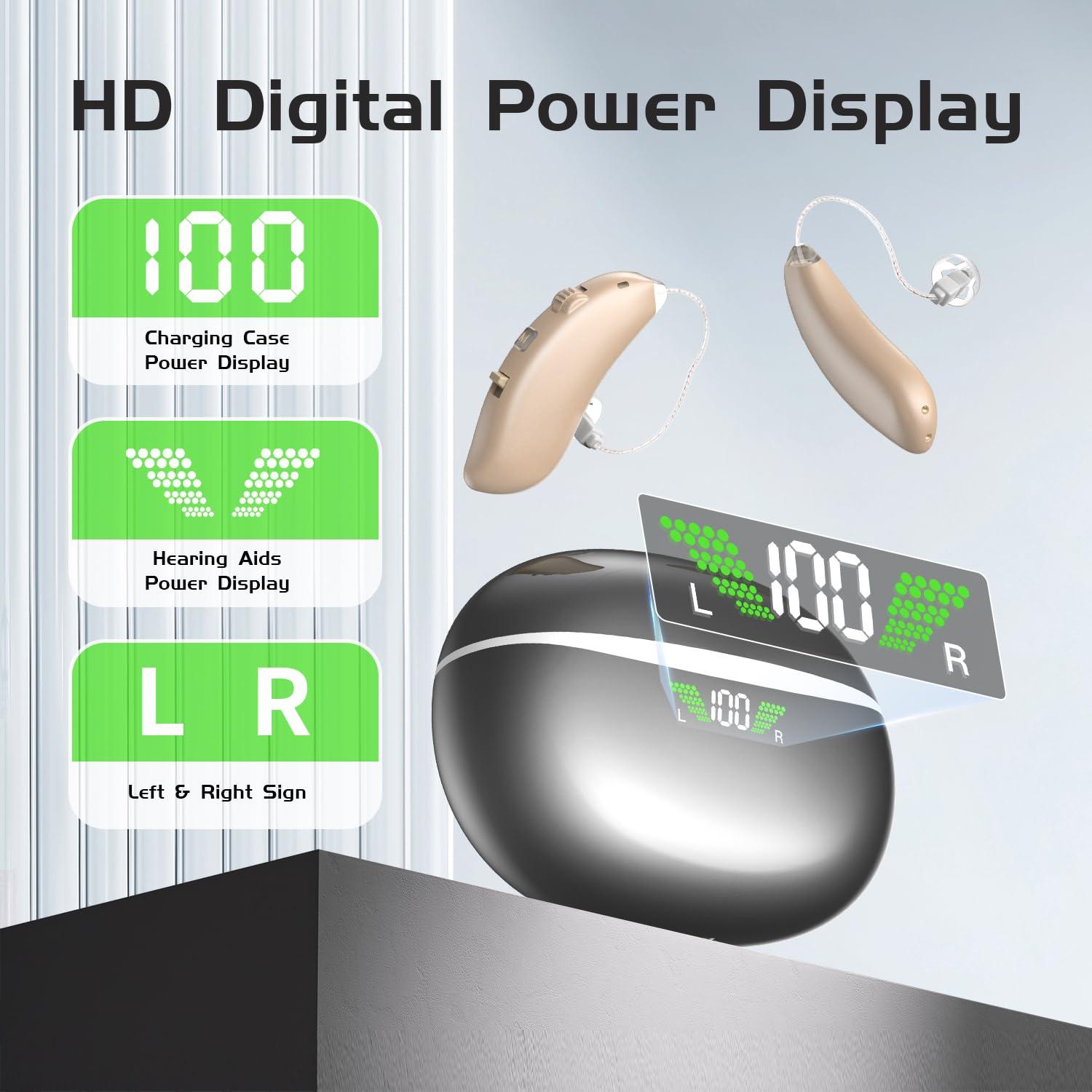 OMAGISM hearing aids for seniors rechargeable with noise cancelling,, 16 Channels Digital RIC Hearing Aids with Real Voice, Invisible Comfortable without Whistling Charging Box Displaying PowerOTC hearing