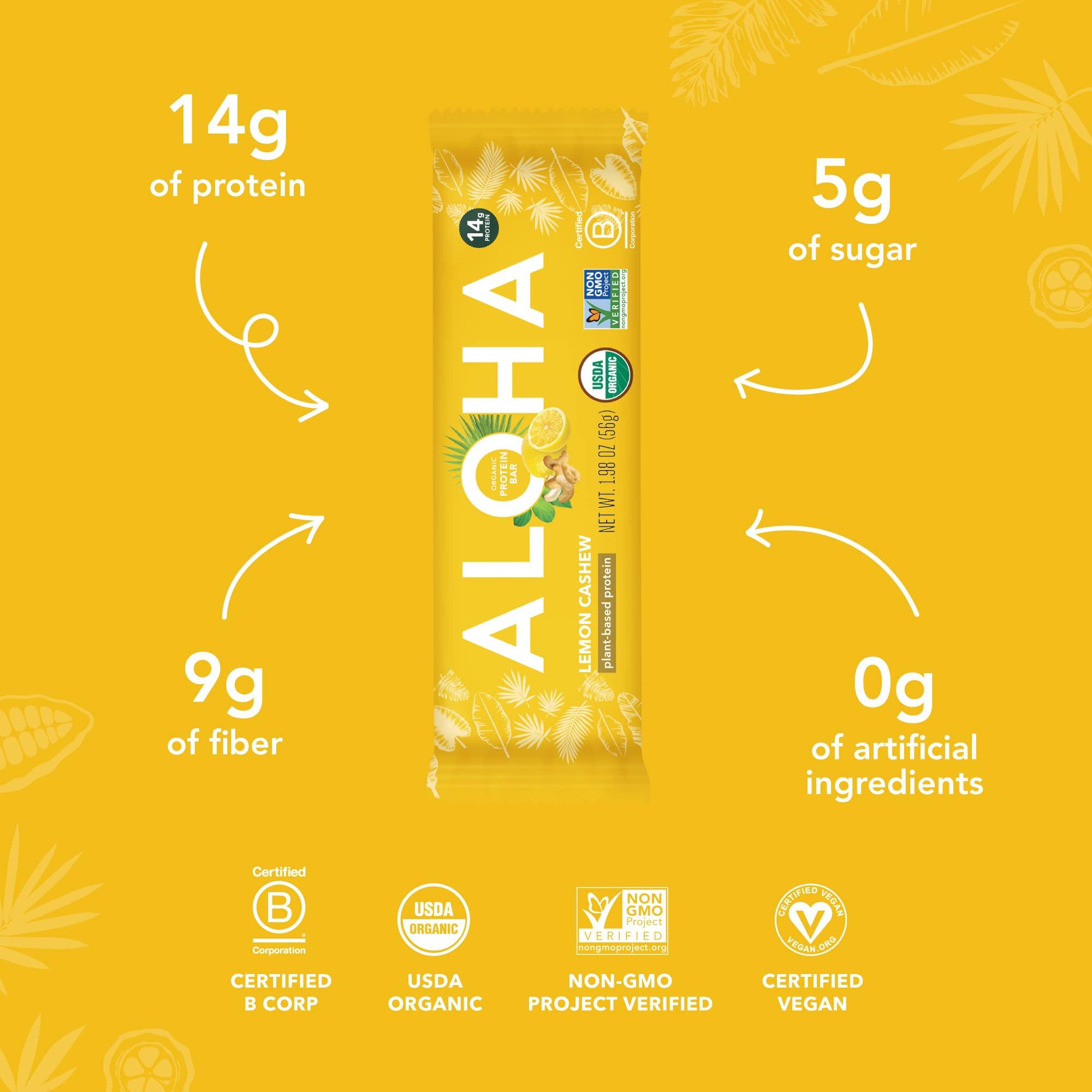 ALOHA ALOHA Organic Plant Based Protein Bars - Lemon Cashew - 12-Count - Vegan, Low Sugar, Gluten-Free, Paleo, Low Carb, Non-GMO, No Stevia & No Erythritol