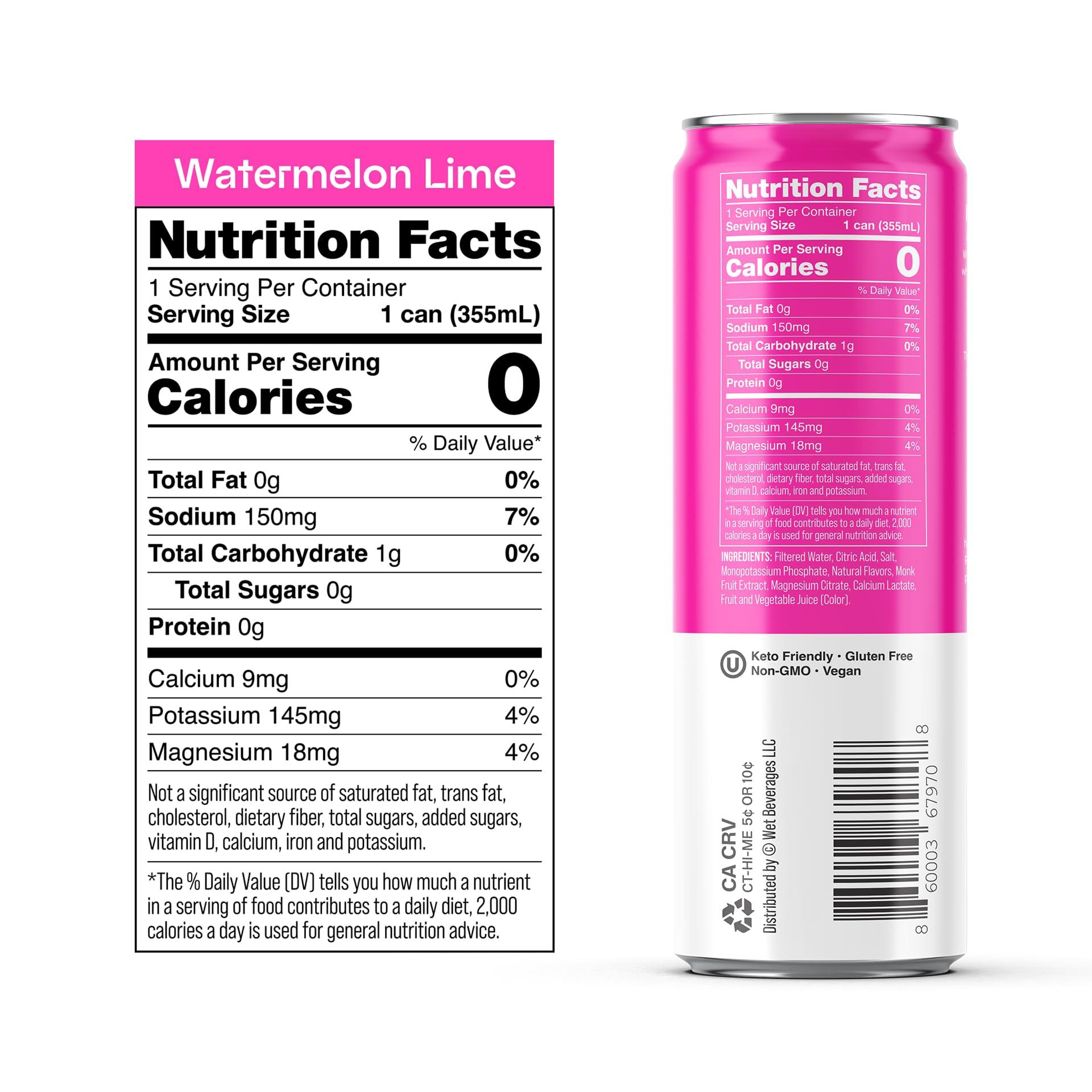 WET HYDRATION Wet Hydration, Zero Calorie, Functional Wellness Water - Watermelon Lemon Lime (12 Ounce Cans, Pack of 12) - Flavored Water, Hydration Drink, No Sugar, No Artificial Ingredients, Zero Calories