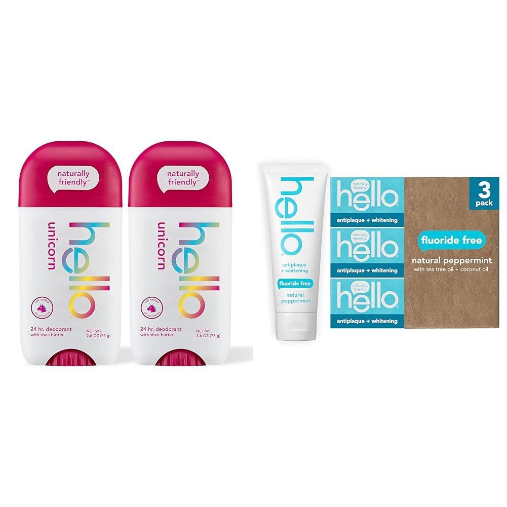 hello hello Unicorn Aluminum Free Deodorant for Women & Antiplaque Toothpaste, Fluoride Free for Teeth Whitening with Natural Peppermint Flavor and Tea Tree Oil, Peroxide Free, Gluten Free