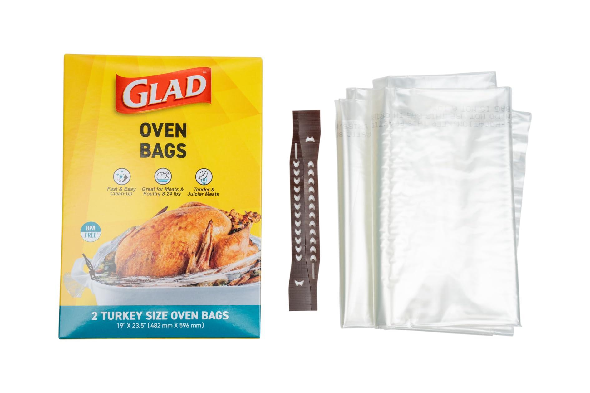 Glad Glad Turkey Size Oven Bags for Meats & Poultry 8-24 lbs BPA-Free* for Tender, Juicy Roasts with Fast & Easy Clean-Up, Turkey Cooking Bags, Roasting Bags, 19" x 23.5" - 2 Count