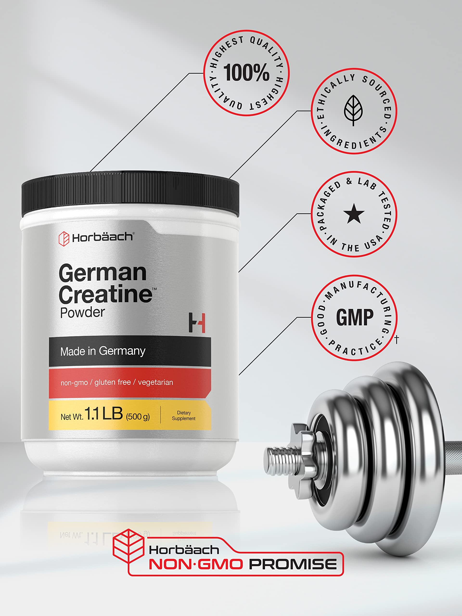 Horbach Horbaach German Creatine Powder 500g | Made in Germany with Creapure | Vegetarian, Non-GMO, and Gluten Free Dietary Supplement