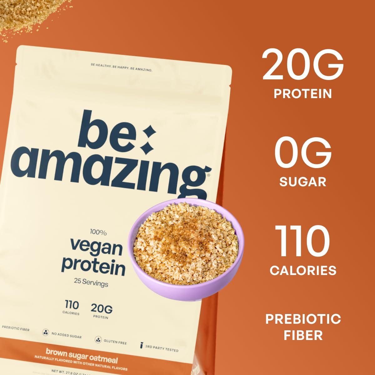 BEAM BEAM Be Amazing Vegan Protein Powder | 20g Plant-Based Protein with Prebiotics Fibers | Sugar-and-Gluten-Free Shake Mix, Low Carb Non-Dairy Smoothie | Brown Sugar Oatmeal, 25 Servings