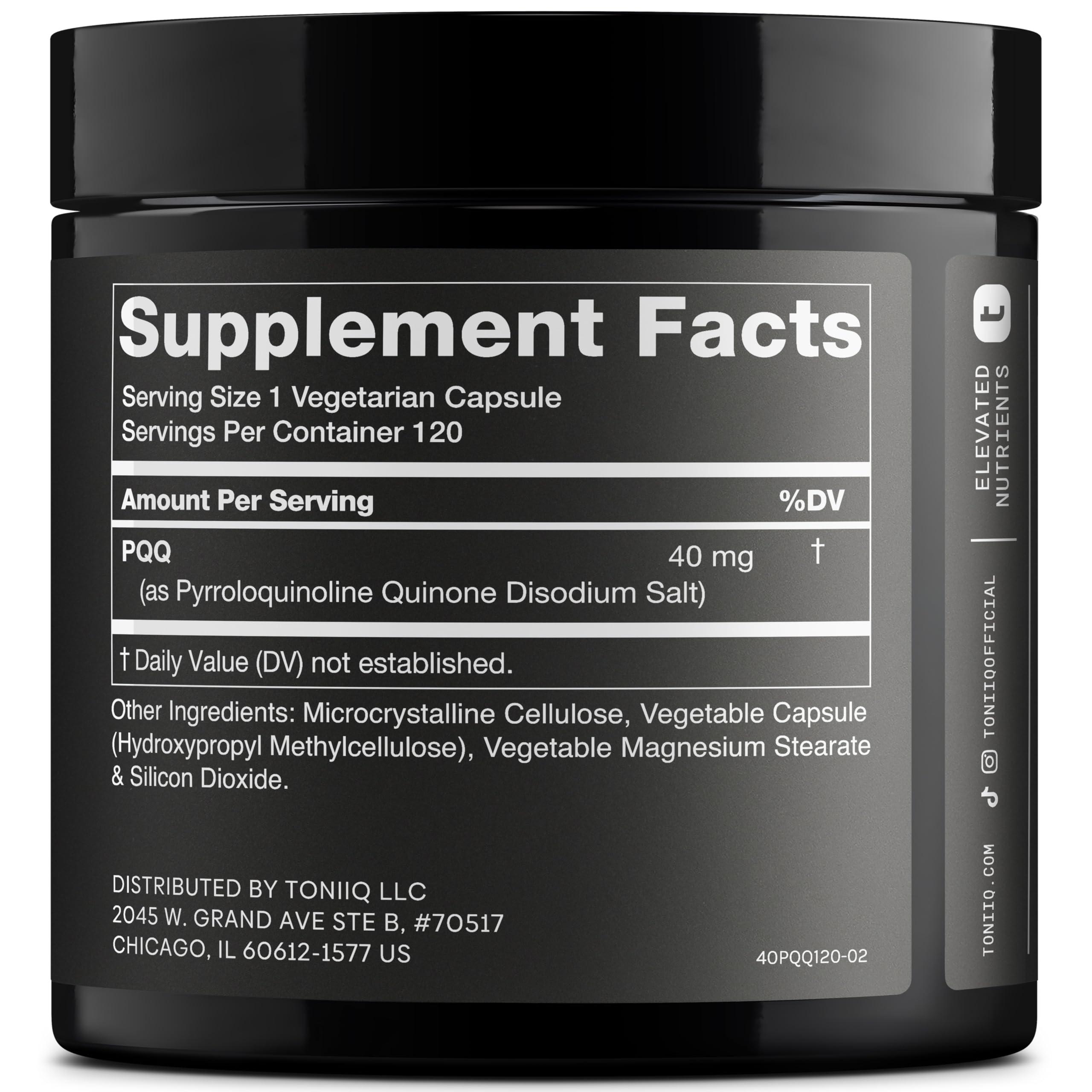 Toniiq Toniiq 99%+ 40mg Supplement - Ultra High Purity PQQ 40mg Concentrated Formula - PQQ 40 mg 120 Capsules - Pyrroloquinoline Quinone Supplement - 1 Capsule Serving - Vegetarian Capsules