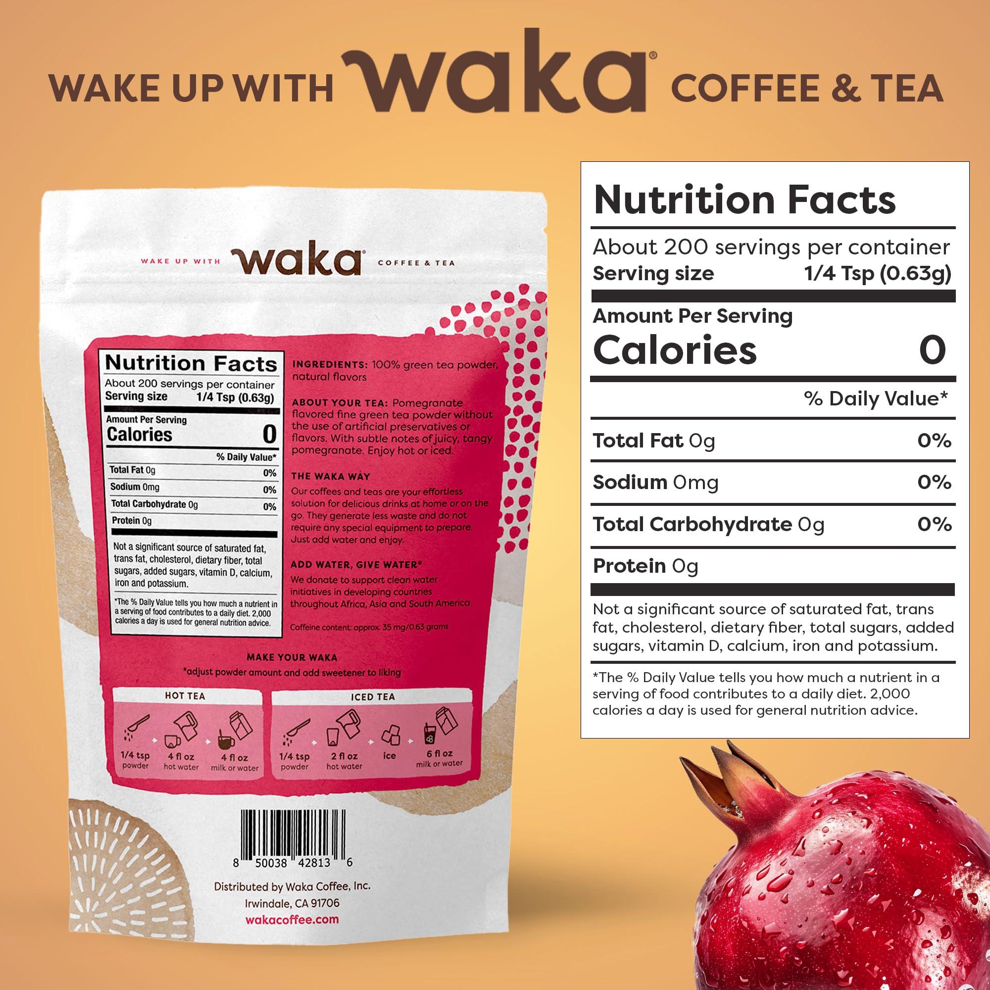 Waka Coffee Waka Instant Green Tea Mix, Pomegranate Flavored - 100% Tea Leaves, No Additives, Unsweetened Tea Powder in Bulk Pouch Easy Quick Hot and Iced Teas, Up to 200 Cups (4.5oz)