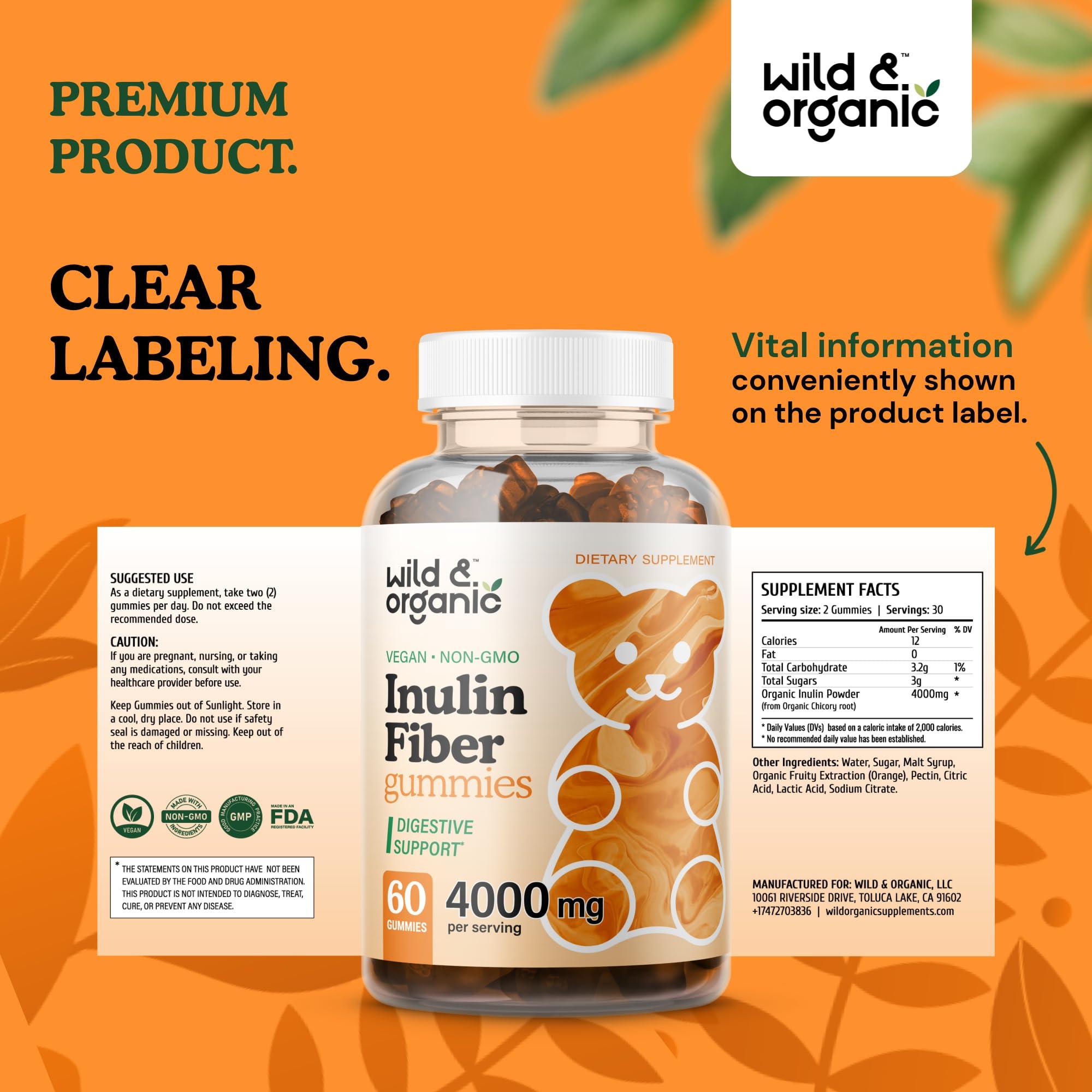 Wild & Organic Inulin Fiber Gummies 4000mg - Digestive Health w/Organic Chicory Root Inulin - Soluble Fiber Supplement w/Chicory Root Inulin Powder - Prebiotics Inulin for Gut Health - 60 Prebiotic Fiber Gummies