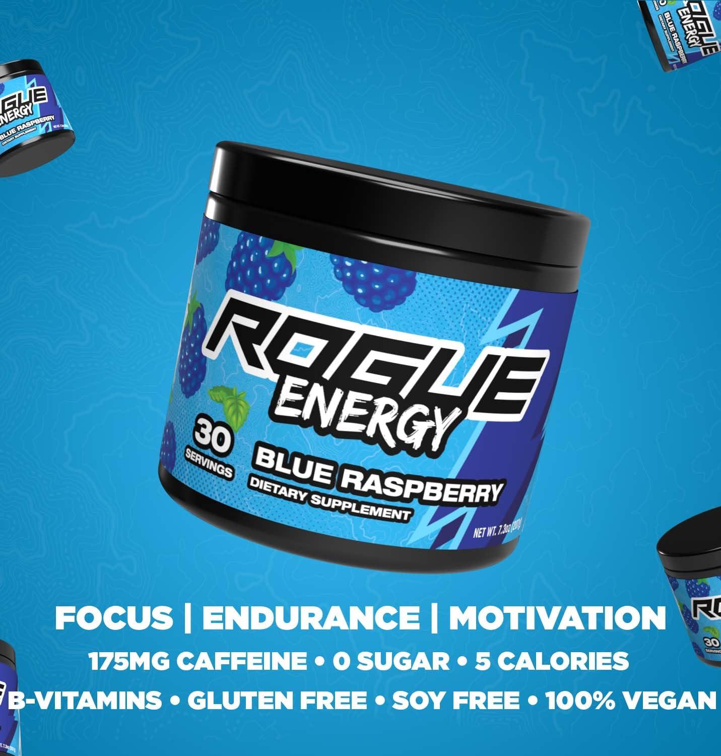 Rogue Energy Rogue Energy Energy Drink Powder for Long Gaming Hours - Energy Powder for Mental Focus - Sugar & Gluten Free - Gaming Supplement with Caffeine & Vitamins - Made in USA (Blue Raspberry - 40 Servings)