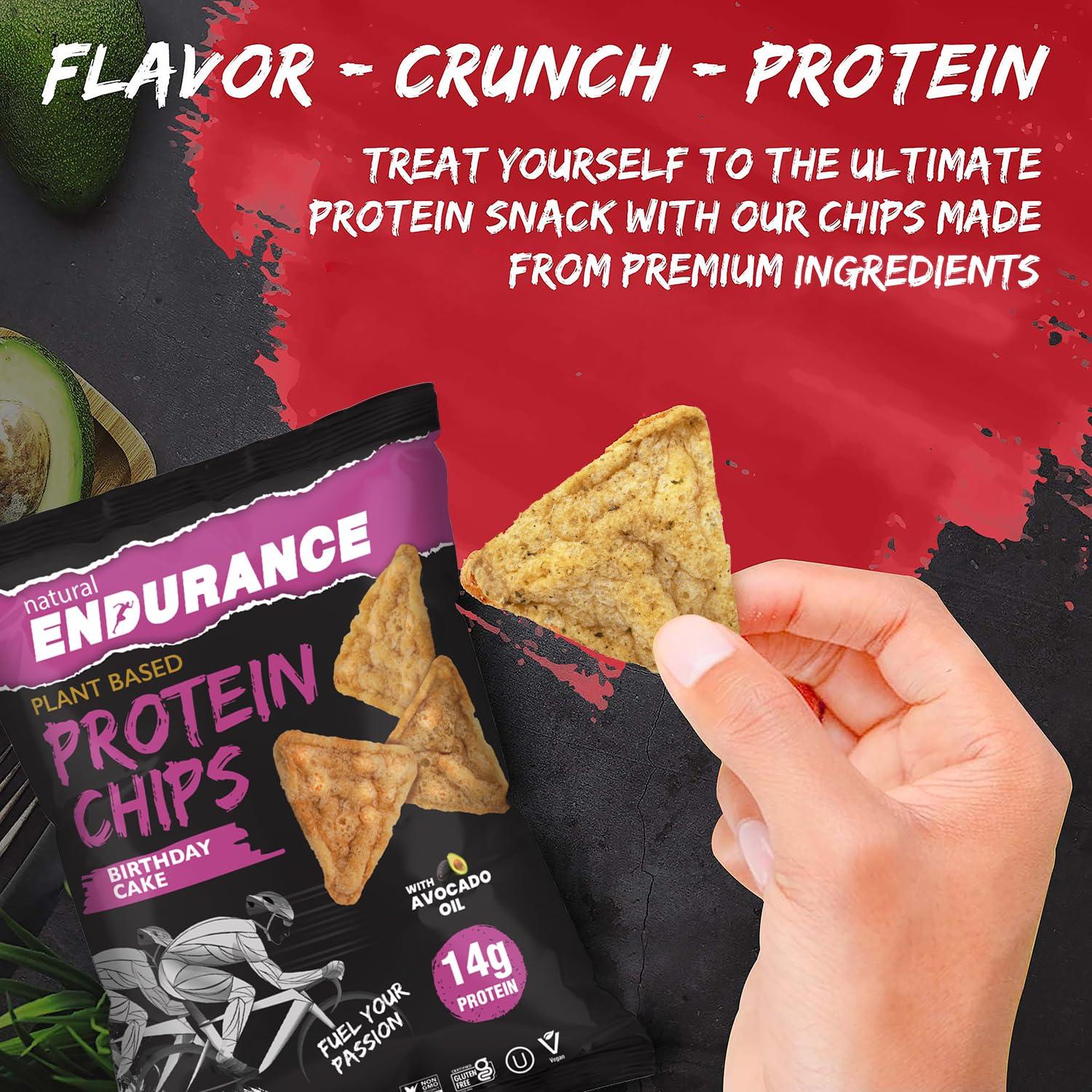 natural ENDURANCE Natural Endurance Protein Chips - Low Carb Chips, High Protein Snack, Vegan Protein with Avocado Oil, 14g Protein Per Bag, Gluten Free, Birthday Cake Flavor - 1.38 oz Bags (Pack of 12)