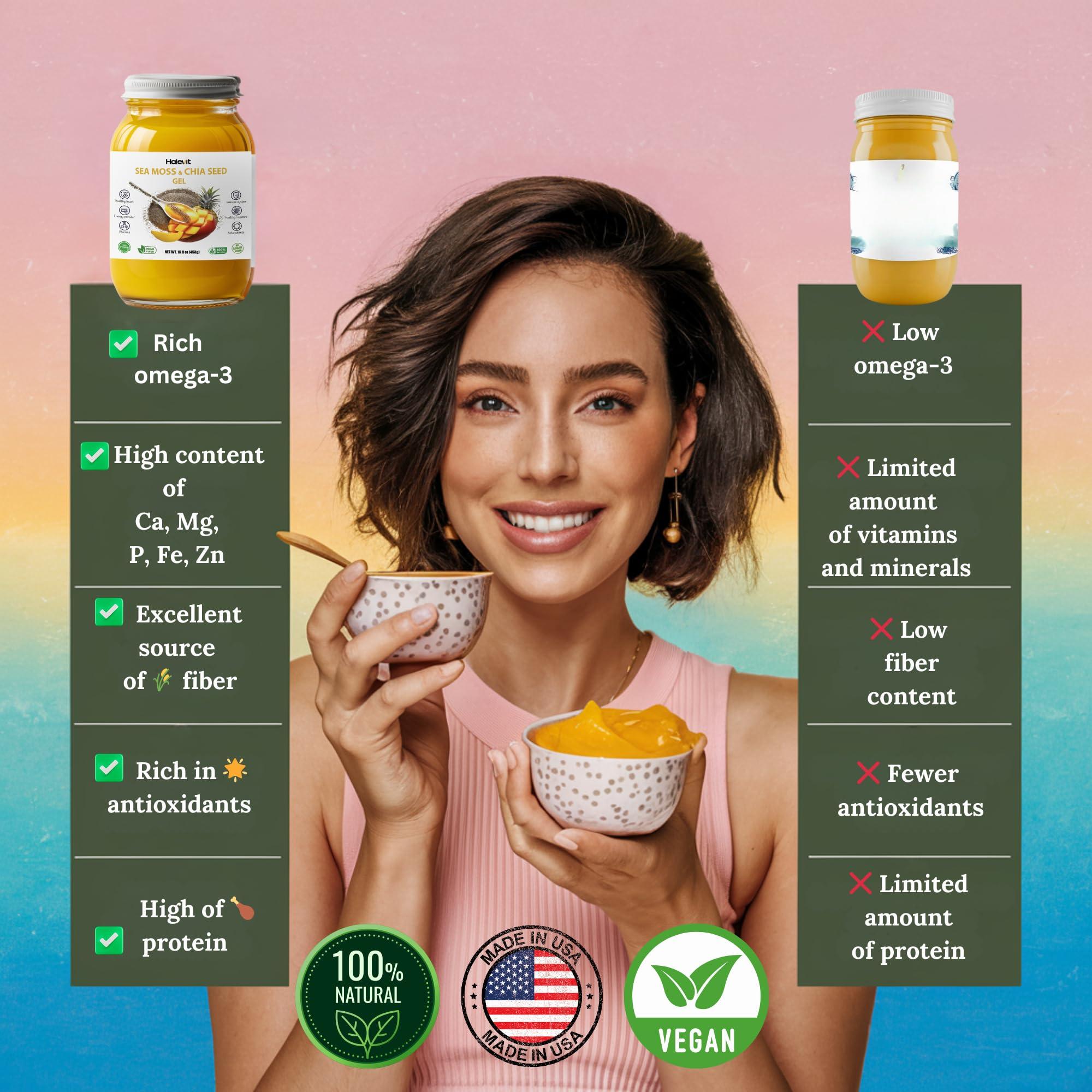 Halevit Sea Moss Gel with Ground Chia Seeds, Sea Moss Gel Organic Raw Natural Iodine Source, Omega-3, Immune & Digestive Support, Vegan Superfood, Mango Pineapple Flavor, Made in USA, 16 oz